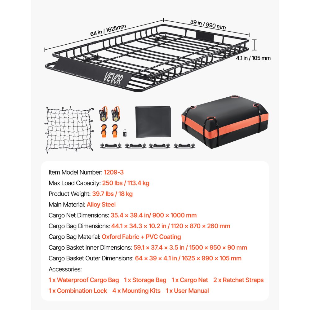 VEVOR Roof Rack Basket, 64 x 39 x 4.1 in, Universal Rooftop Cargo Carrier with 44.1 x 34.3 x 10.2 in Cargo Bag, Net, Ratchet Straps, 250 lbs Max Load Capacity Car Top Luggage Holder, for SUV Truck Car