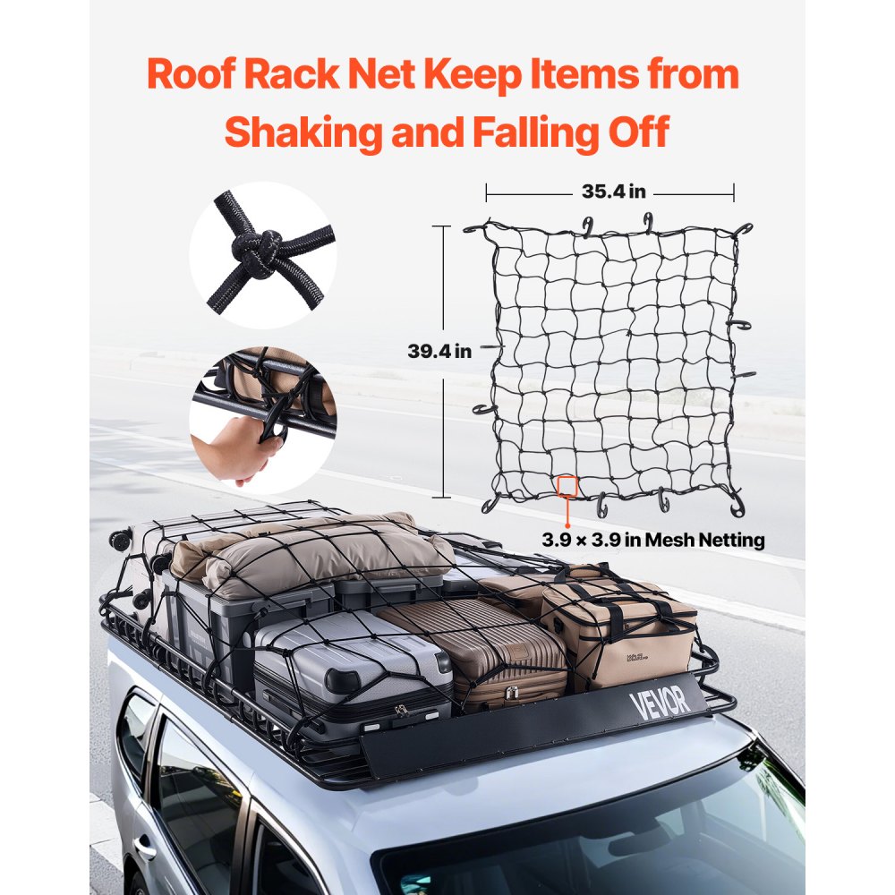 VEVOR Roof Rack Basket, 64 x 50 x 4.1 in, Universal Rooftop Cargo Carrier with Two 35.4 x 39.4 in Cargo Net,150 lbs Max Car Top Luggage Holder, 4.1 in Fence, Anti-Rust Alloy Steel, for SUV Truck Car