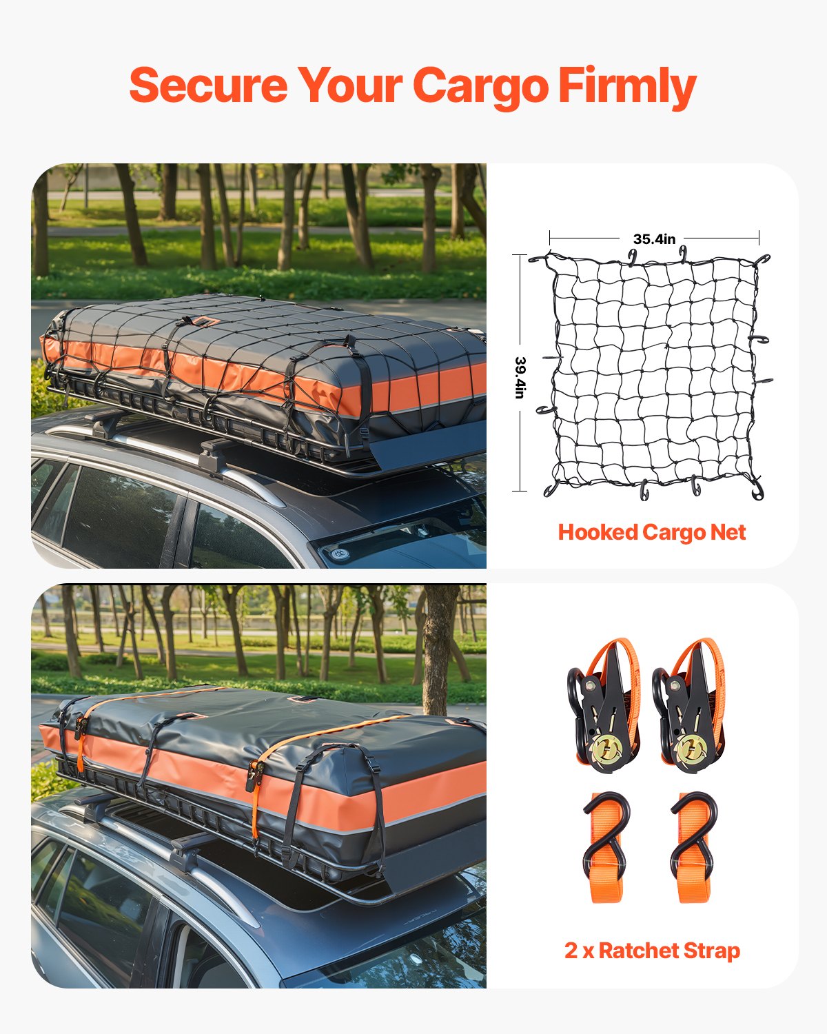 VEVOR dakdragermand 2120 x 990 x 105 mm met bagagetas, voor bagage, sport- en kampeeruitrusting, draagvermogen 113,4 kg, met cijferslot, bagagenet, spanbanden en 4 U-bouten.