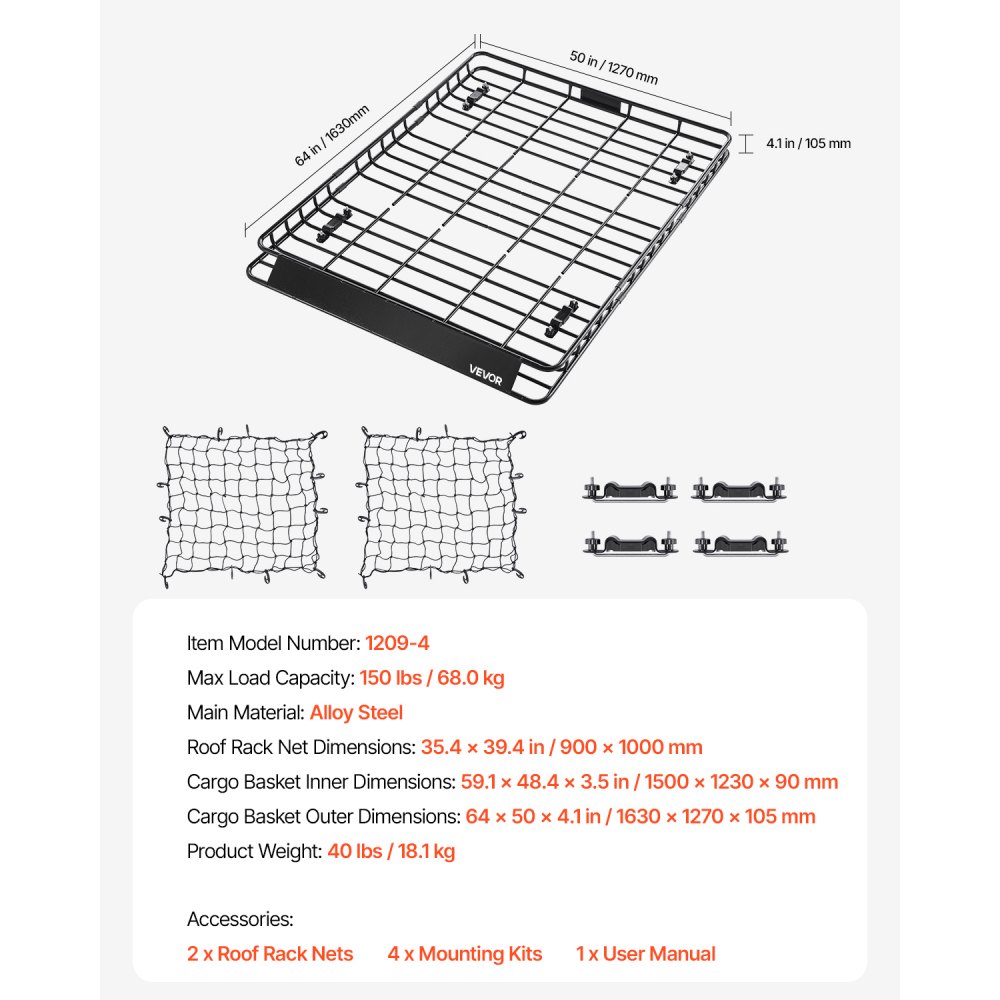 VEVOR dakdragermand 1630 x 1270 x 105 mm met twee bagagenetten van 90 x 100 cm, geschikt voor bagage, sport- en kampeeruitrusting, met 4 U-bouten en afgeschuind voorpaneel, gelegeerd staal, zwart