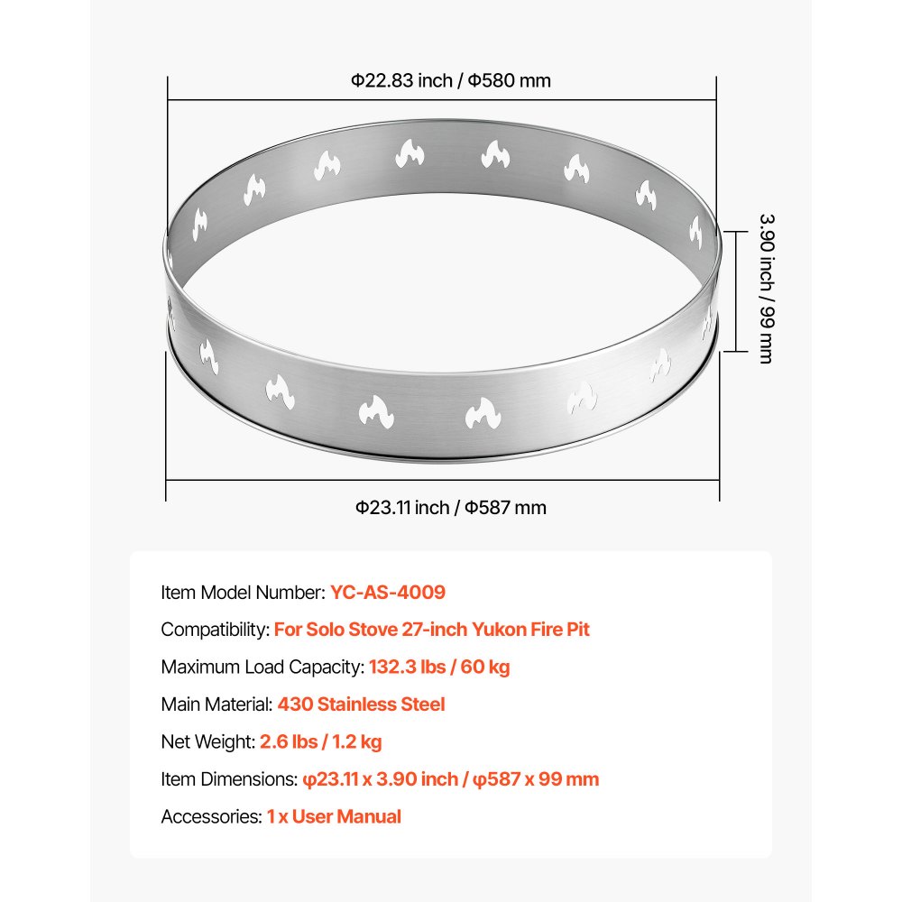 VEVOR Vuurschaalstandaard φ587 x 99 mm, Accessoires voor buitenvuurkorven, Ondersteuningsframe voor kachel Ranger van roestvrij staal, Draagbare buitenkampeerbeugel voor open haarden