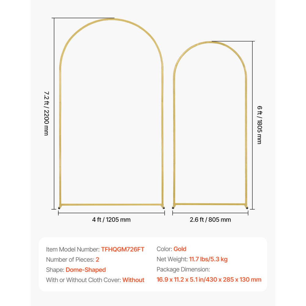 VEVOR Wedding Arch Backdrop Stand, 7.2FT & 6FT, Set of 2 Stand with Case Connection & Chassis Crossbar Design, Easy-to-Assemble Gold Stand with Premium Metal, Fit for Birthday, Celebration, Holiday