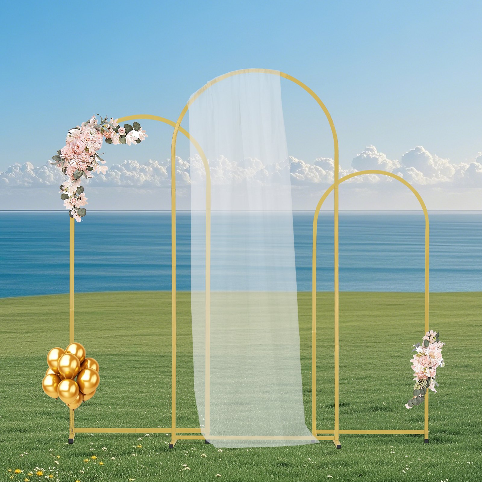 VEVOR Wedding Arch Backdrop Stand, Set of 3, Metal Stable Stand with Case Connection & Chassis Crossbar Design, Easy-to-Assemble Gold Stand with Premium Metal, Fit for Birthday, Celebration, Holiday