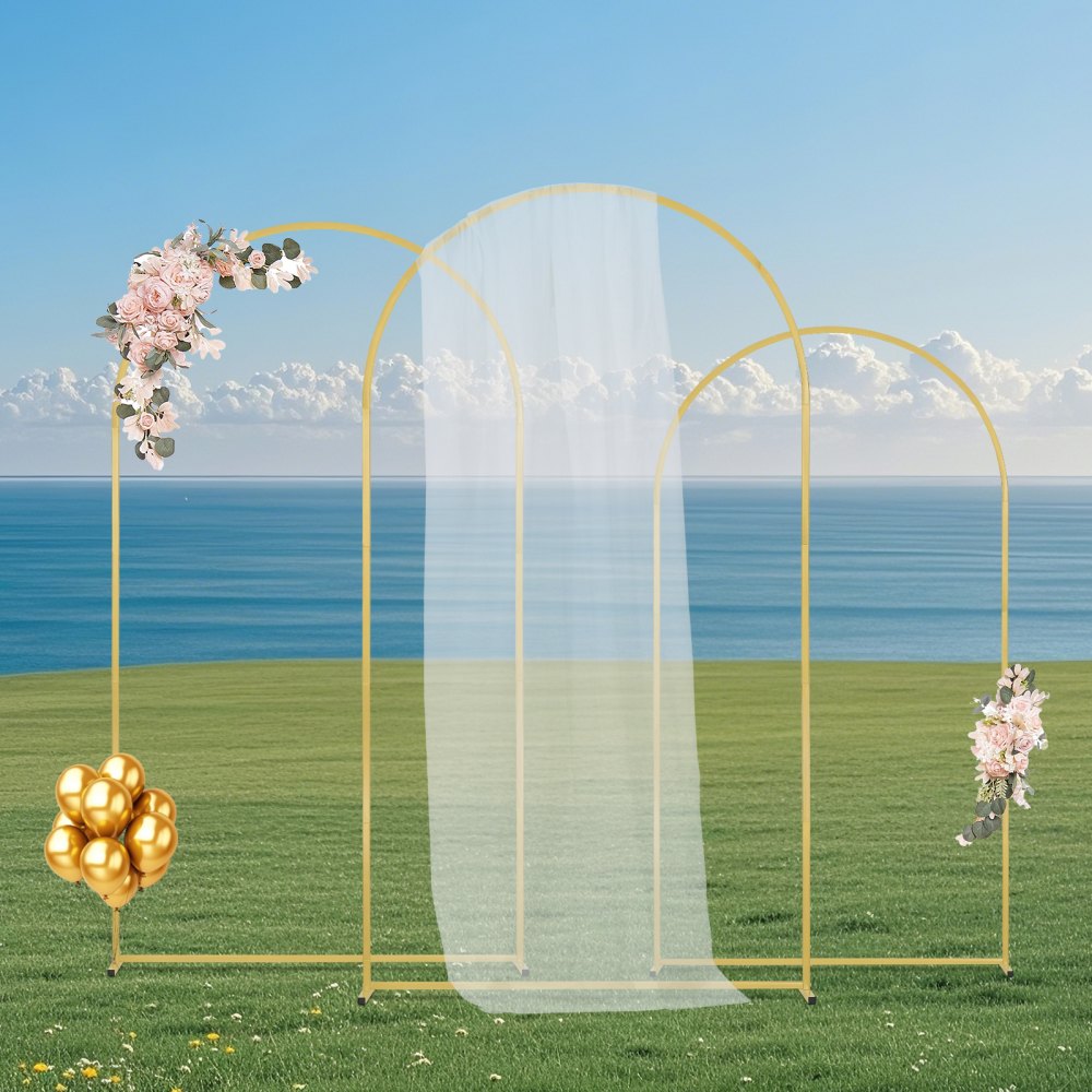 VEVOR Wedding Arch Backdrop Stand, Set of 3, Metal Stable Stand with Case Connection & Chassis Crossbar Design, Easy-to-Assemble Gold Stand with Premium Metal, Fit for Birthday, Celebration, Holiday