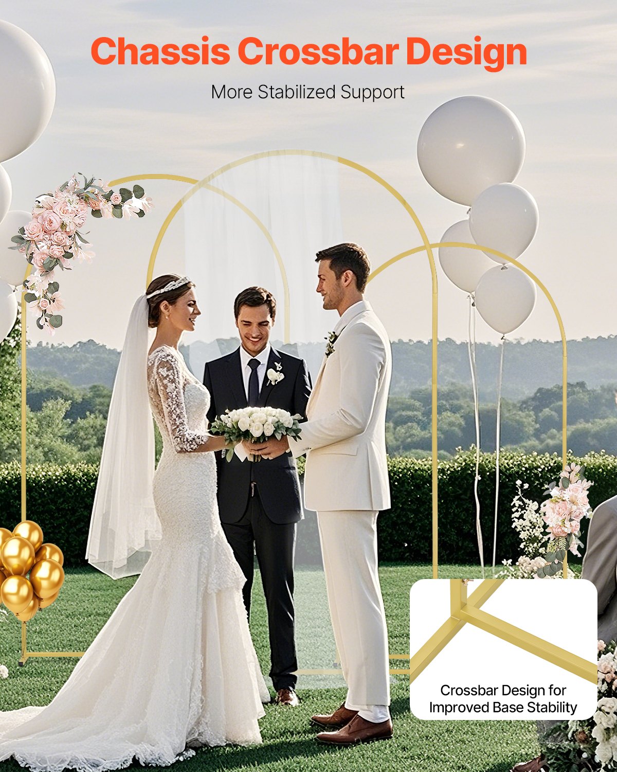 VEVOR Wedding Arch Backdrop Stand, Set of 3, Metal Stable Stand with Case Connection & Chassis Crossbar Design, Easy-to-Assemble Gold Stand with Premium Metal, Fit for Birthday, Celebration, Holiday