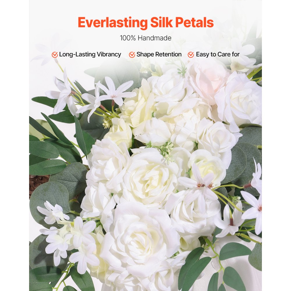 VEVOR Bloemenset voor Trouwboog, Witte Bloemen voor Trouwboog met Gordijnen (Set van 3) – 2 Bloemstukken, 1 Transparant Gordijn, voor Ceremoniële Boeketten, (Zonder Houten Boogstandaard)