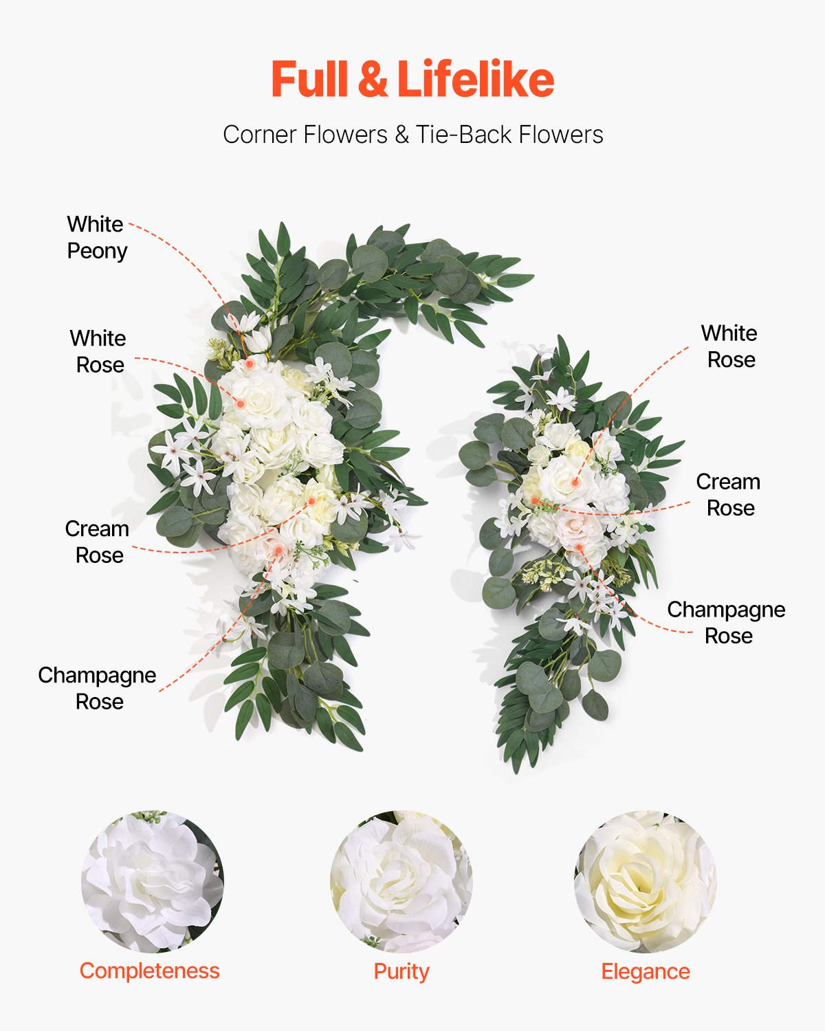 VEVOR Bloemenset voor Trouwboog, Witte Bloemen voor Trouwboog met Gordijnen (Set van 3) – 2 Bloemstukken, 1 Transparant Gordijn, voor Ceremoniële Boeketten, (Zonder Houten Boogstandaard)