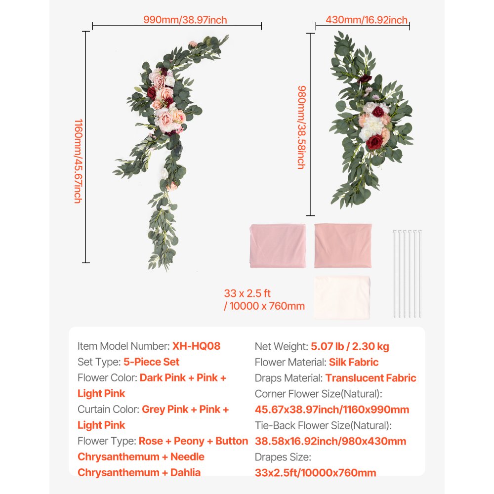 VEVOR Bruiloftsboog Bloemenset, Roze Bruiloftsboog Bloemenset met Gordijnen (Set van 5) - 2 Bloemstukken, 3 Transparante Gordijnen, voor Ceremonieboeketten, Receptie Achtergronddecoratie