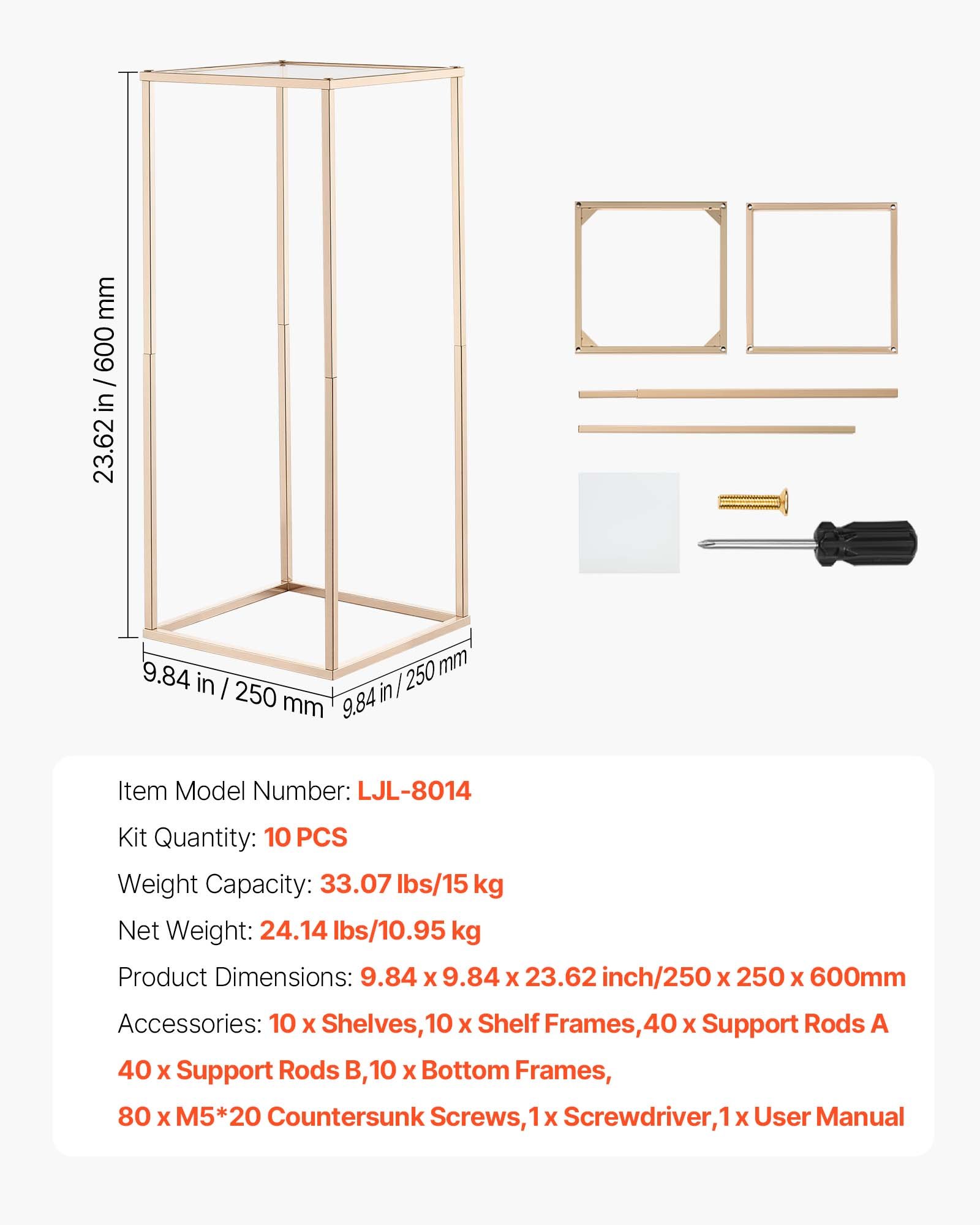 VEVOR Bruidsbloemenstandaard 250x250x600mm, set van 10 bloemenkrukjes, bloemenstandaards met acrylplank, gouden rechthoekige plantenkrukjes voor bruiloften, feesten, verjaardagen, tafeldecoratie
