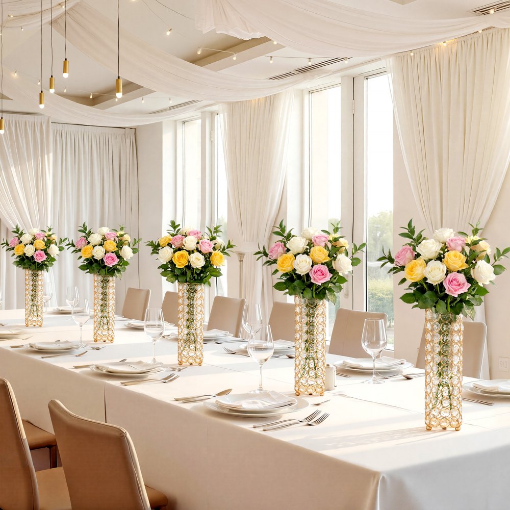 VEVOR 16 PCS Crystal Wedding Flower Vase, 10.24 in Tall Flower Table Centerpieces, Crystal Cylinder Banquet Vases Easy Installation, Versatile Arrangement Stand for Party Events Room Home Decor, Gold