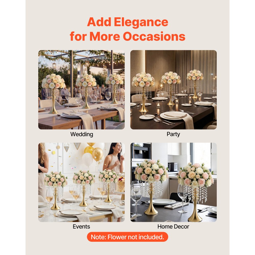 VEVOR 20 PCS Wedding Flower Vase, 13.2 in Tall Flower Table Centerpieces, Crystal Banquet Vases Easy Installation, Electroplated Finish, Versatile Arrangement Stand for Party Events Home Decor, Gold