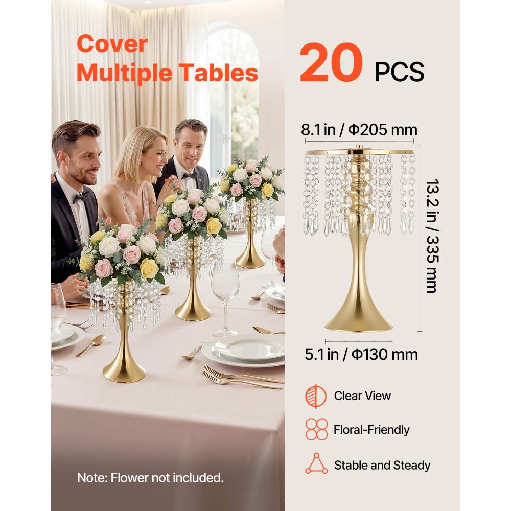 VEVOR 20 stuks trouwvazen, bloemvazen ​​voor bruiloften, 33,5 cm hoog, metalen bloemvazen ​​met bloemenstandaard, kristallen decoratie, tafelvazen ​​voor bruiloften, feesten, jubilea en ceremonies, goudkleurig