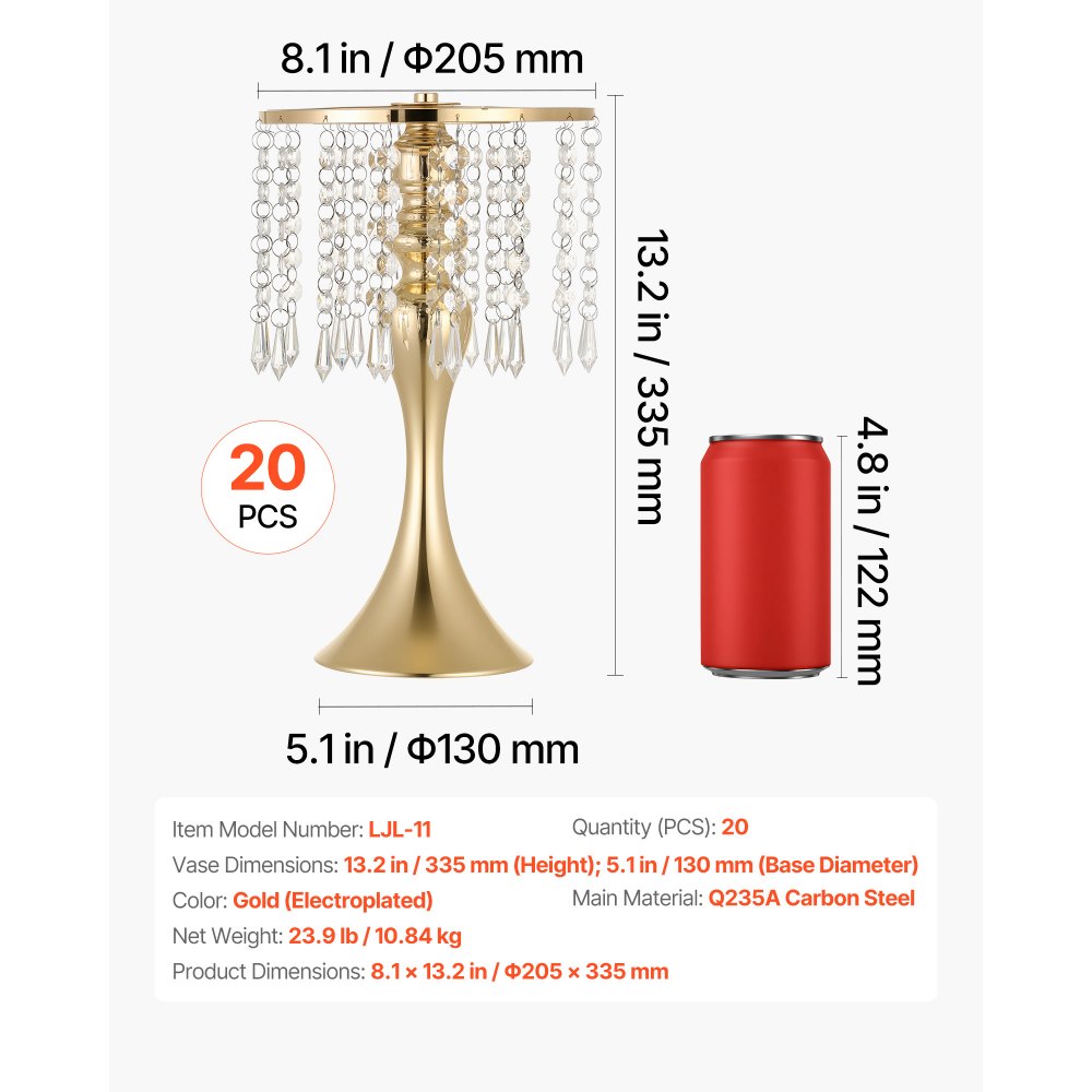 VEVOR 20 stuks trouwvazen, bloemvazen ​​voor bruiloften, 33,5 cm hoog, metalen bloemvazen ​​met bloemenstandaard, kristallen decoratie, tafelvazen ​​voor bruiloften, feesten, jubilea en ceremonies, goudkleurig