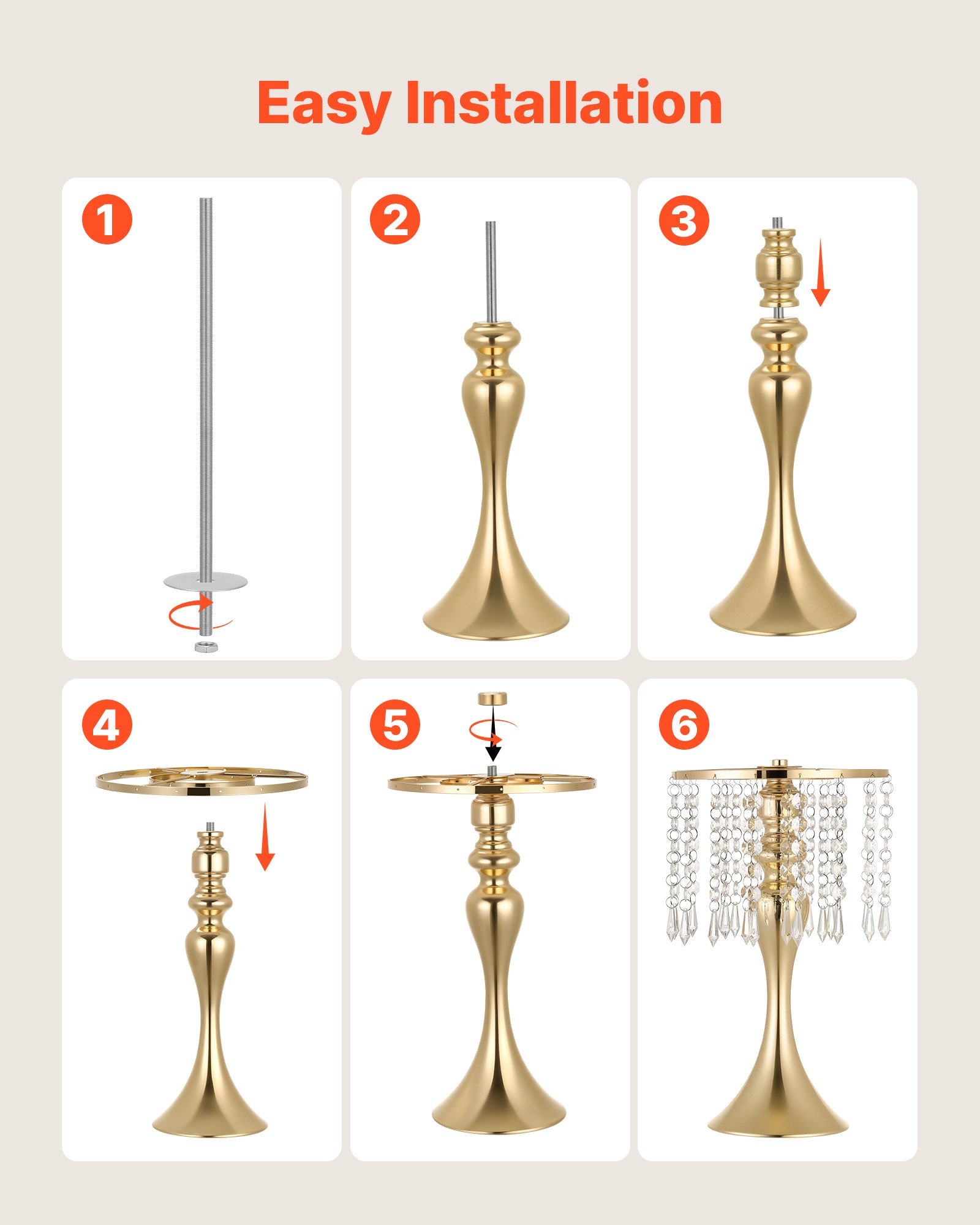 VEVOR 20 PCS Wedding Flower Vase, 13.2 in Tall Flower Table Centerpieces, Crystal Banquet Vases Easy Installation, Electroplated Finish, Versatile Arrangement Stand for Party Events Home Decor, Gold