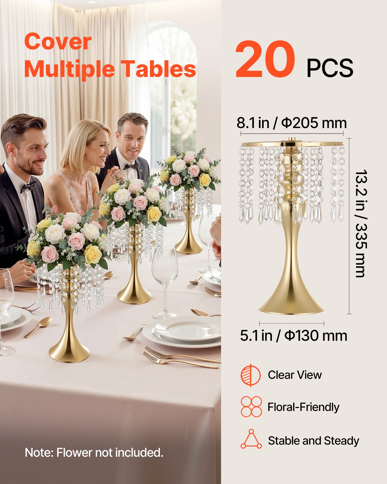 VEVOR 20 stuks trouwvazen, bloemvazen ​​voor bruiloften, 33,5 cm hoog, metalen bloemvazen ​​met bloemenstandaard, kristallen decoratie, tafelvazen ​​voor bruiloften, feesten, jubilea en ceremonies, goudkleurig