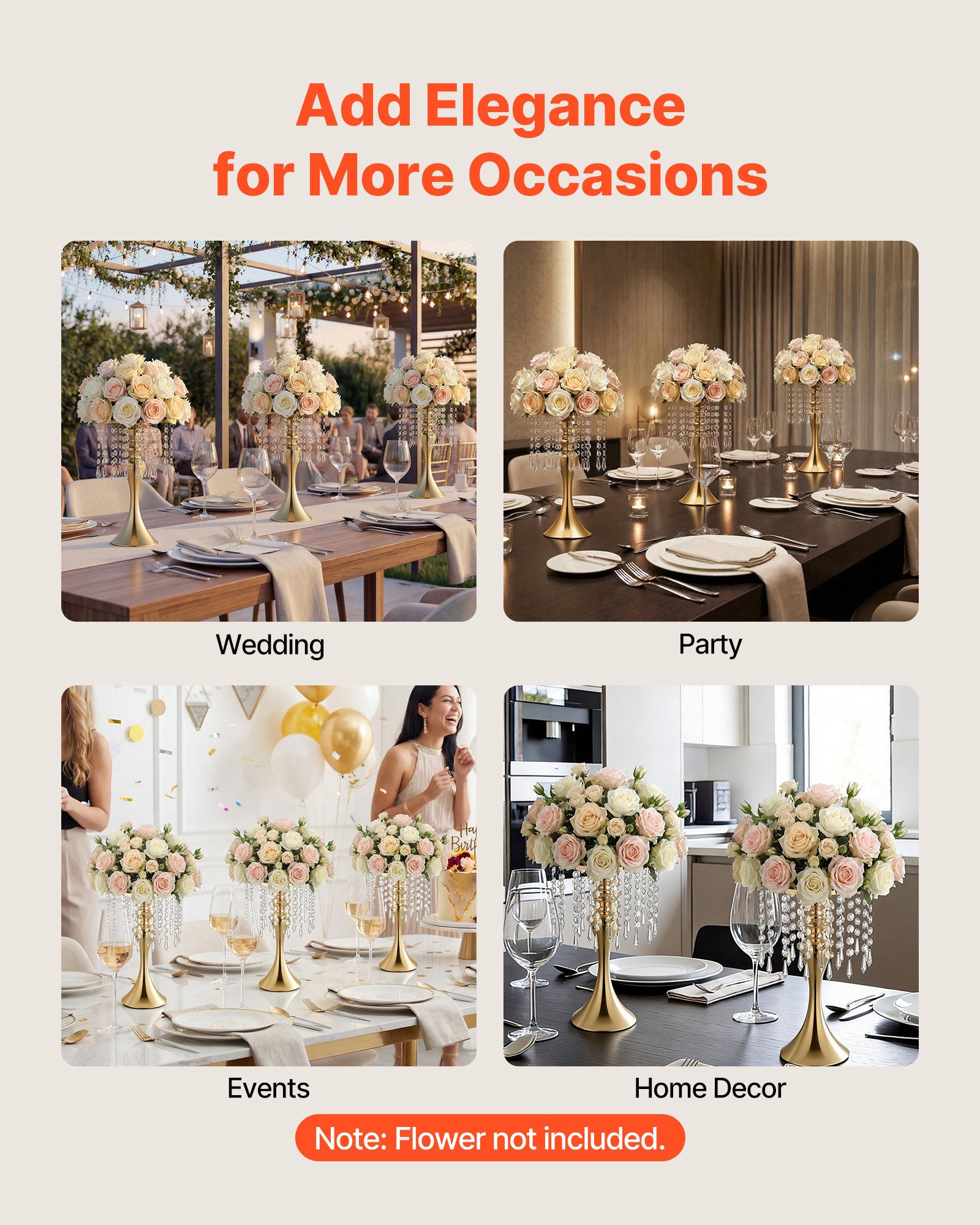 VEVOR 20 stuks trouwvazen, bloemvazen ​​voor bruiloften, 33,5 cm hoog, metalen bloemvazen ​​met bloemenstandaard, kristallen decoratie, tafelvazen ​​voor bruiloften, feesten, jubilea en ceremonies, goudkleurig