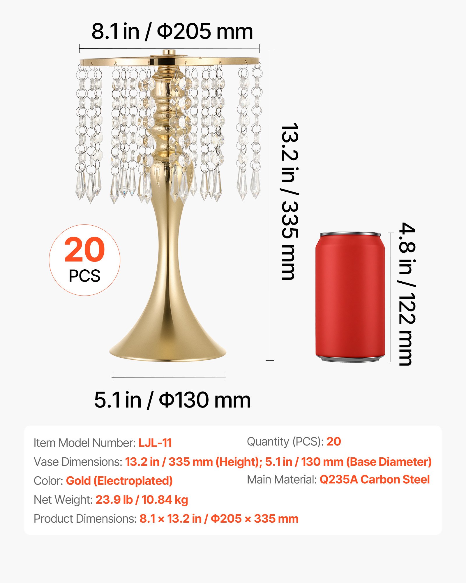 VEVOR 20 stuks trouwvazen, bloemvazen ​​voor bruiloften, 33,5 cm hoog, metalen bloemvazen ​​met bloemenstandaard, kristallen decoratie, tafelvazen ​​voor bruiloften, feesten, jubilea en ceremonies, goudkleurig