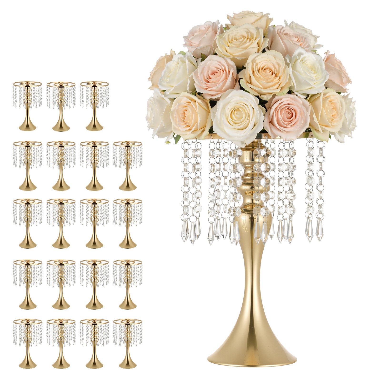 VEVOR 20 stuks trouwvazen, bloemvazen ​​voor bruiloften, 33,5 cm hoog, metalen bloemvazen ​​met bloemenstandaard, kristallen decoratie, tafelvazen ​​voor bruiloften, feesten, jubilea en ceremonies, goudkleurig