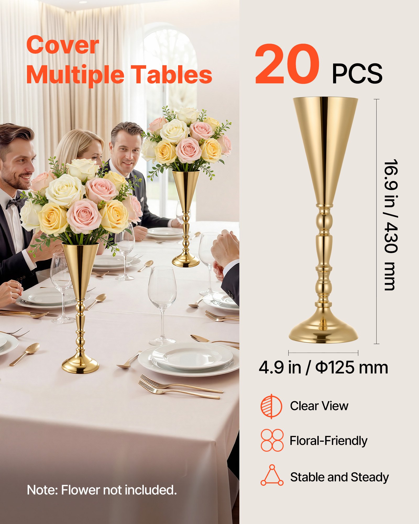 VEVOR 20 stuks trouwvazen, bloemvazen ​​voor bruiloften, 43 cm hoog, metalen bloemvazen ​​met standaard, trompetvaas tafeldecoratie voor bruiloften, feesten, jubilea en ceremonies, goudkleurig