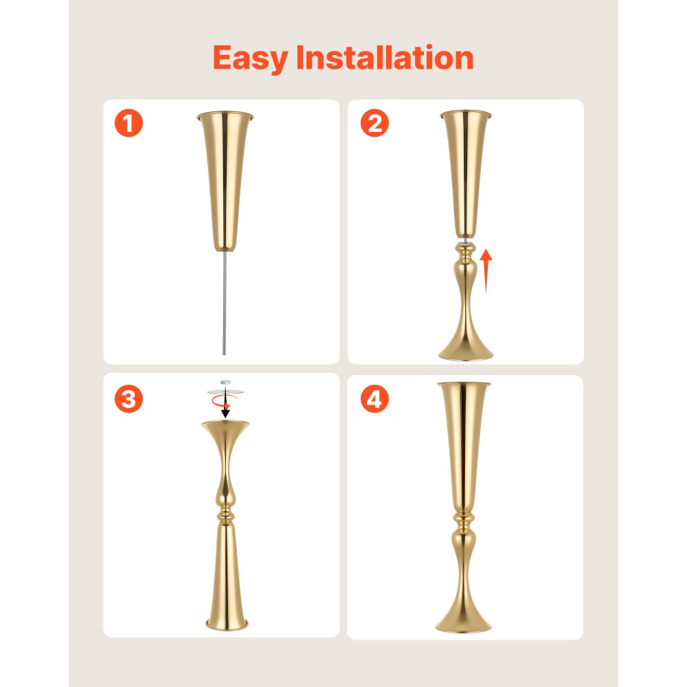 VEVOR 12 PCS Wedding Flower Vase, 21.7 in Tall Trumpet Flower Table Centerpieces, Banquet Vases Easy Installation, Electroplated Versatile Arrangement Stand for Party Events Home Decor Reception, Gold