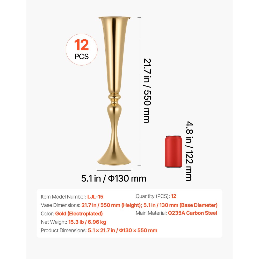 VEVOR 12 stuks trouwvazen, bloemvazen ​​voor bruiloften, 55 cm hoog, metalen bloemvazen ​​met standaard, trompetvazen ​​als tafeldecoratie voor bruiloften, feesten, jubilea en ceremonies, goudkleurig
