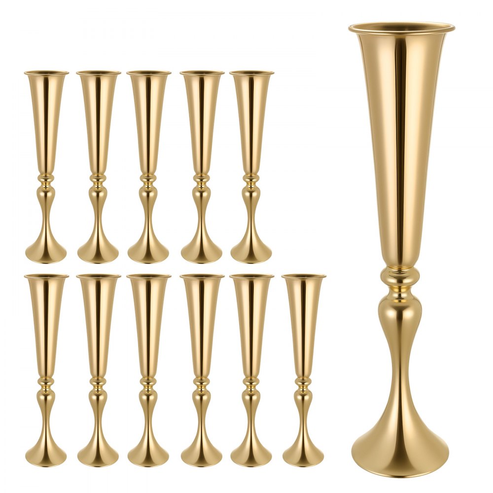 VEVOR 12 stuks trouwvazen, bloemvazen ​​voor bruiloften, 55 cm hoog, metalen bloemvazen ​​met standaard, trompetvazen ​​als tafeldecoratie voor bruiloften, feesten, jubilea en ceremonies, goudkleurig
