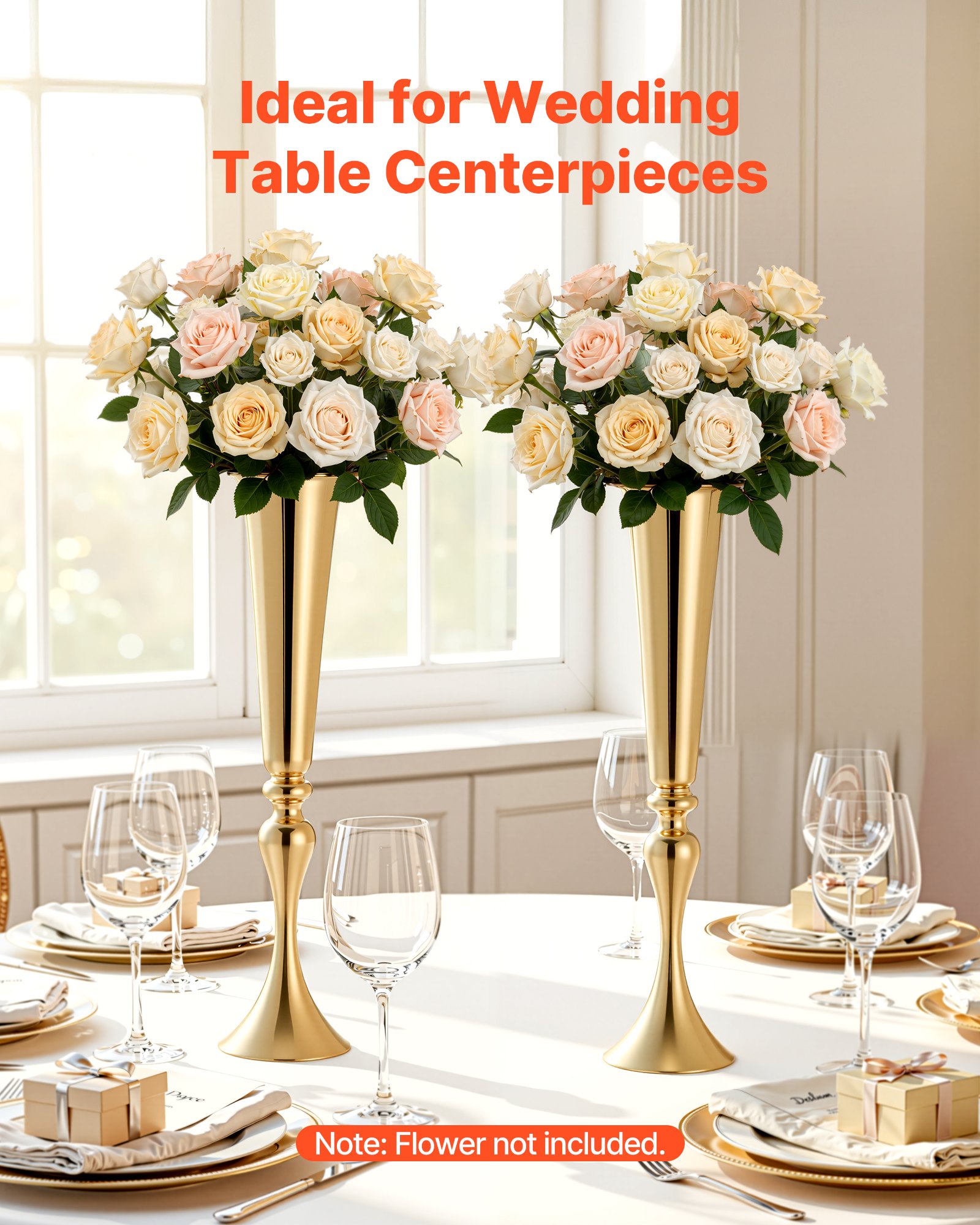 VEVOR 12 PCS Wedding Flower Vase, 21.7 in Tall Trumpet Flower Table Centerpieces, Banquet Vases Easy Installation, Electroplated Versatile Arrangement Stand for Party Events Home Decor Reception, Gold