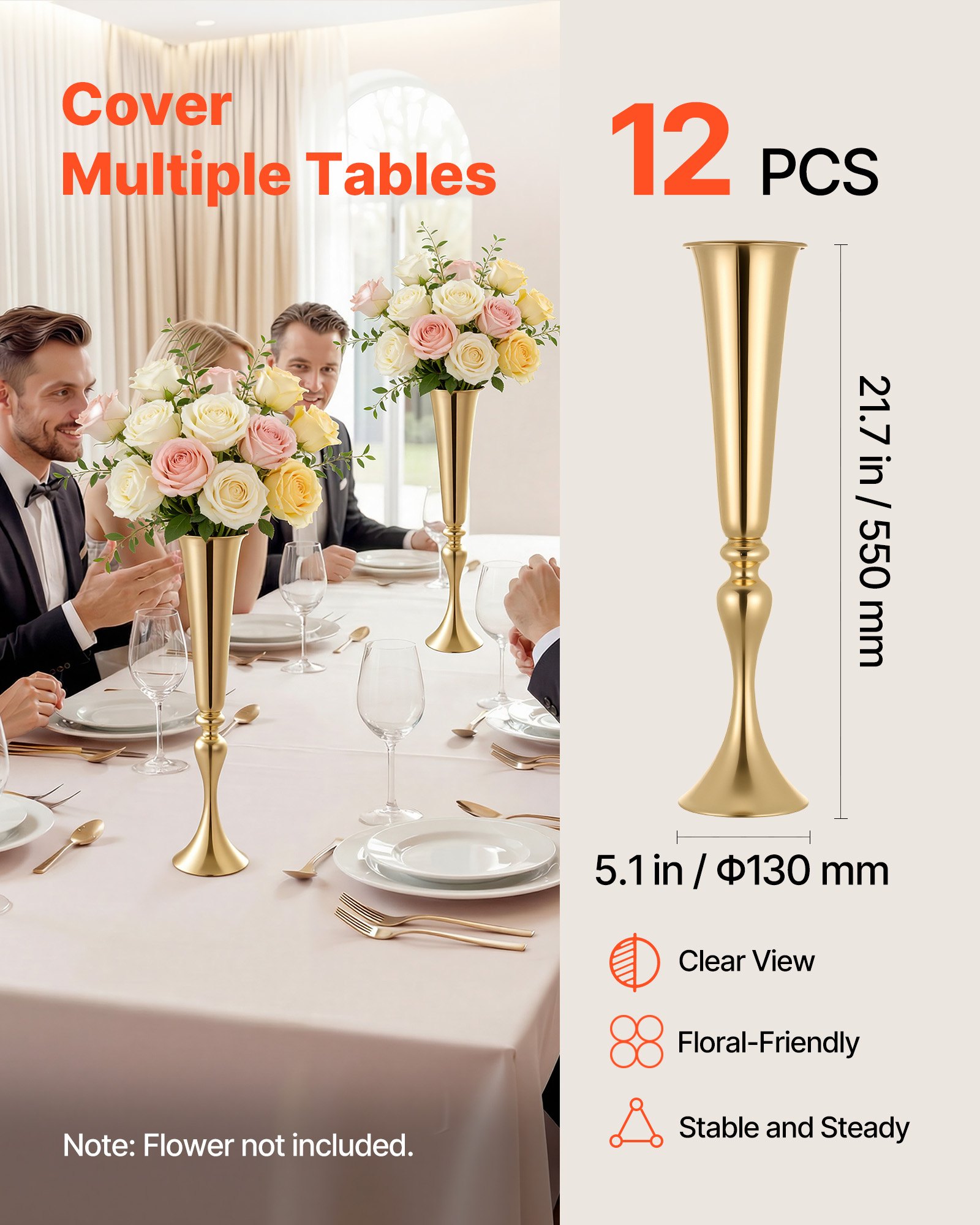 VEVOR 12 PCS Wedding Flower Vase, 21.7 in Tall Trumpet Flower Table Centerpieces, Banquet Vases Easy Installation, Electroplated Versatile Arrangement Stand for Party Events Home Decor Reception, Gold