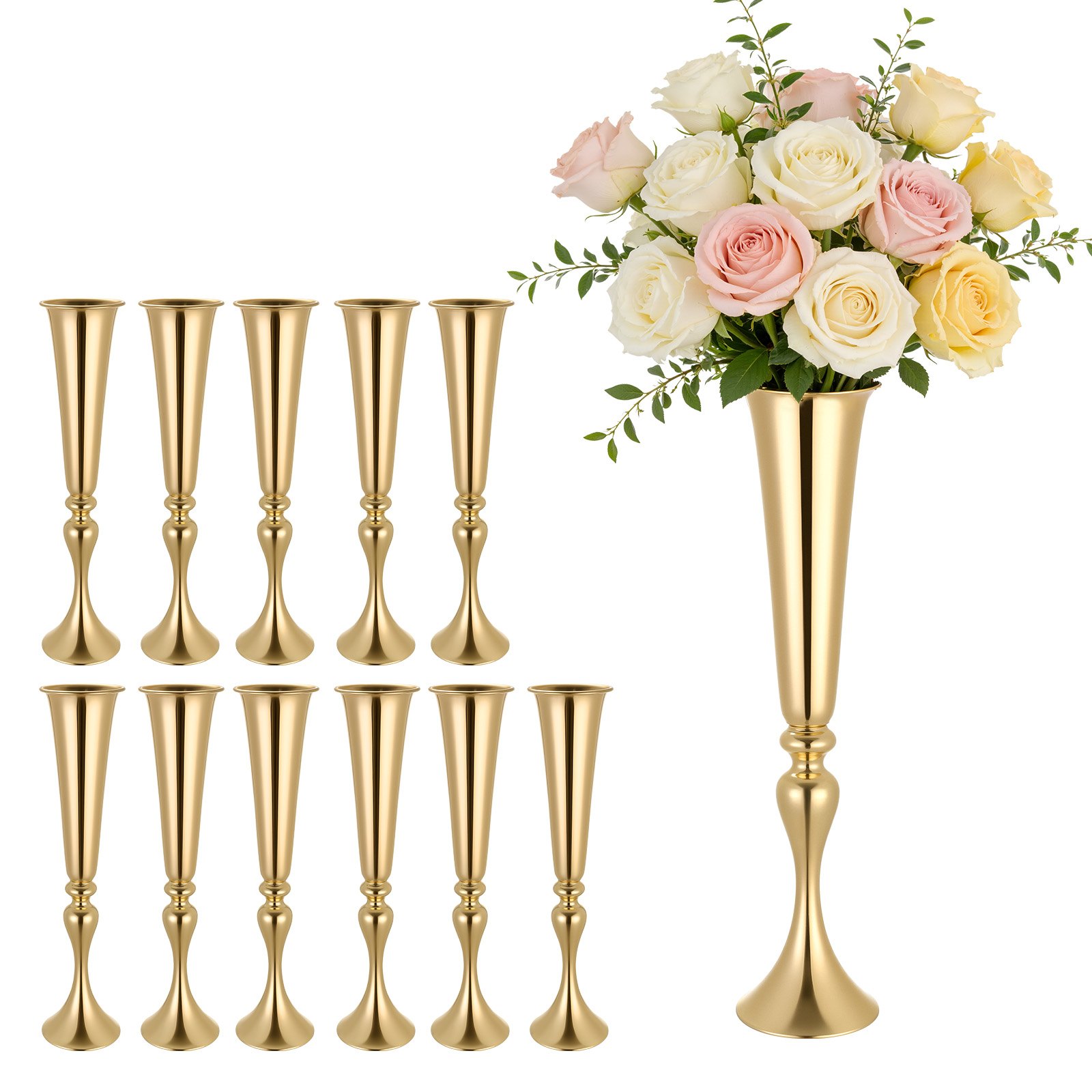 VEVOR 12 stuks trouwvazen, bloemvazen ​​voor bruiloften, 55 cm hoog, metalen bloemvazen ​​met standaard, trompetvazen ​​als tafeldecoratie voor bruiloften, feesten, jubilea en ceremonies, goudkleurig