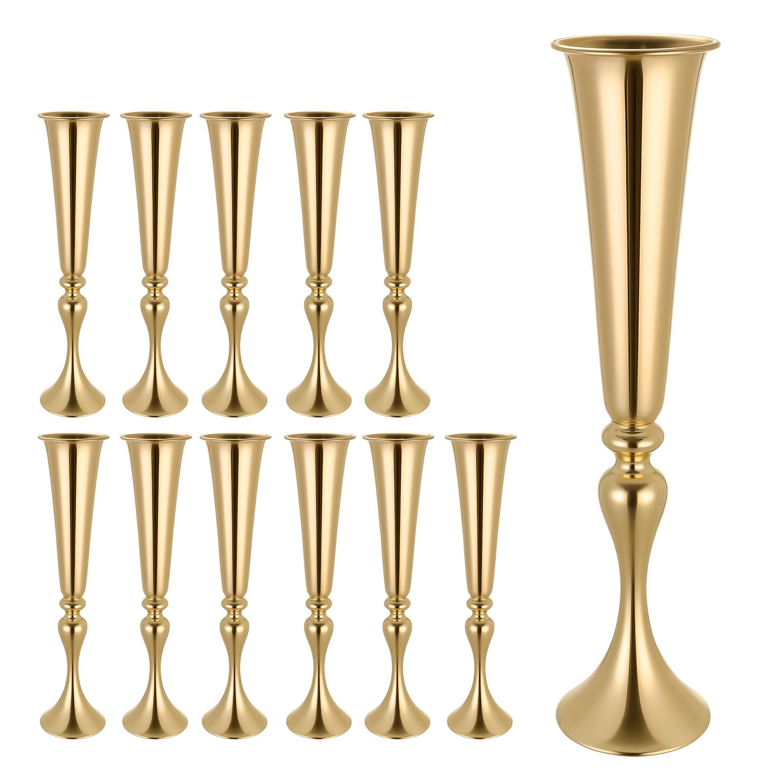 VEVOR 12 stuks trouwvazen, bloemvazen ​​voor bruiloften, 55 cm hoog, metalen bloemvazen ​​met standaard, trompetvazen ​​als tafeldecoratie voor bruiloften, feesten, jubilea en ceremonies, goudkleurig