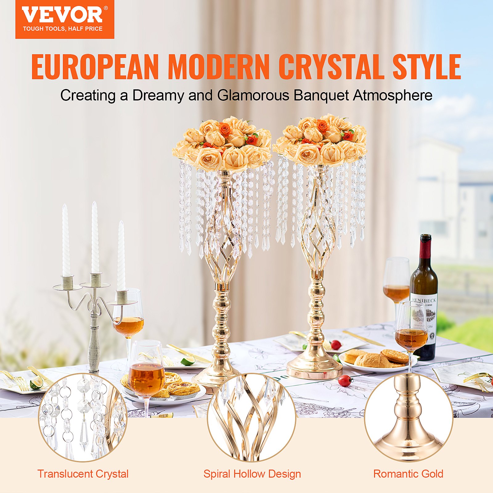 VEVOR 10PCS 55cm/21.65” Tall Crystal Wedding Flower Stand, Metal Wedding Centerpiece Vase, Gold Flower Holders Floral Display Rack for Tables Wedding Dinner Party, Ceremony Birthday Event Decor