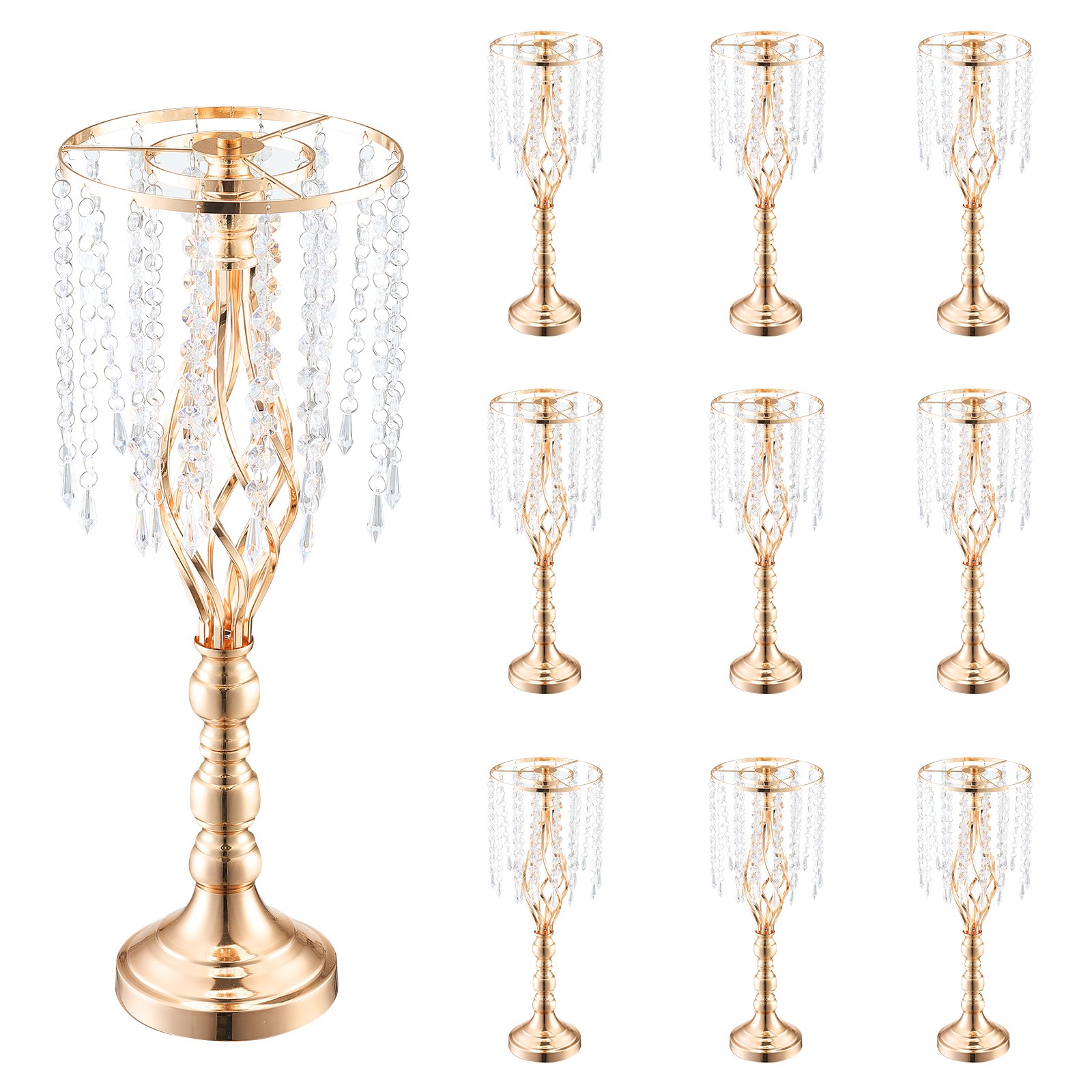 VEVOR 10PCS 55cm/21.65” Tall Crystal Wedding Flower Stand, Metal Wedding Centerpiece Vase, Gold Flower Holders Floral Display Rack for Tables Wedding Dinner Party, Ceremony Birthday Event Decor
