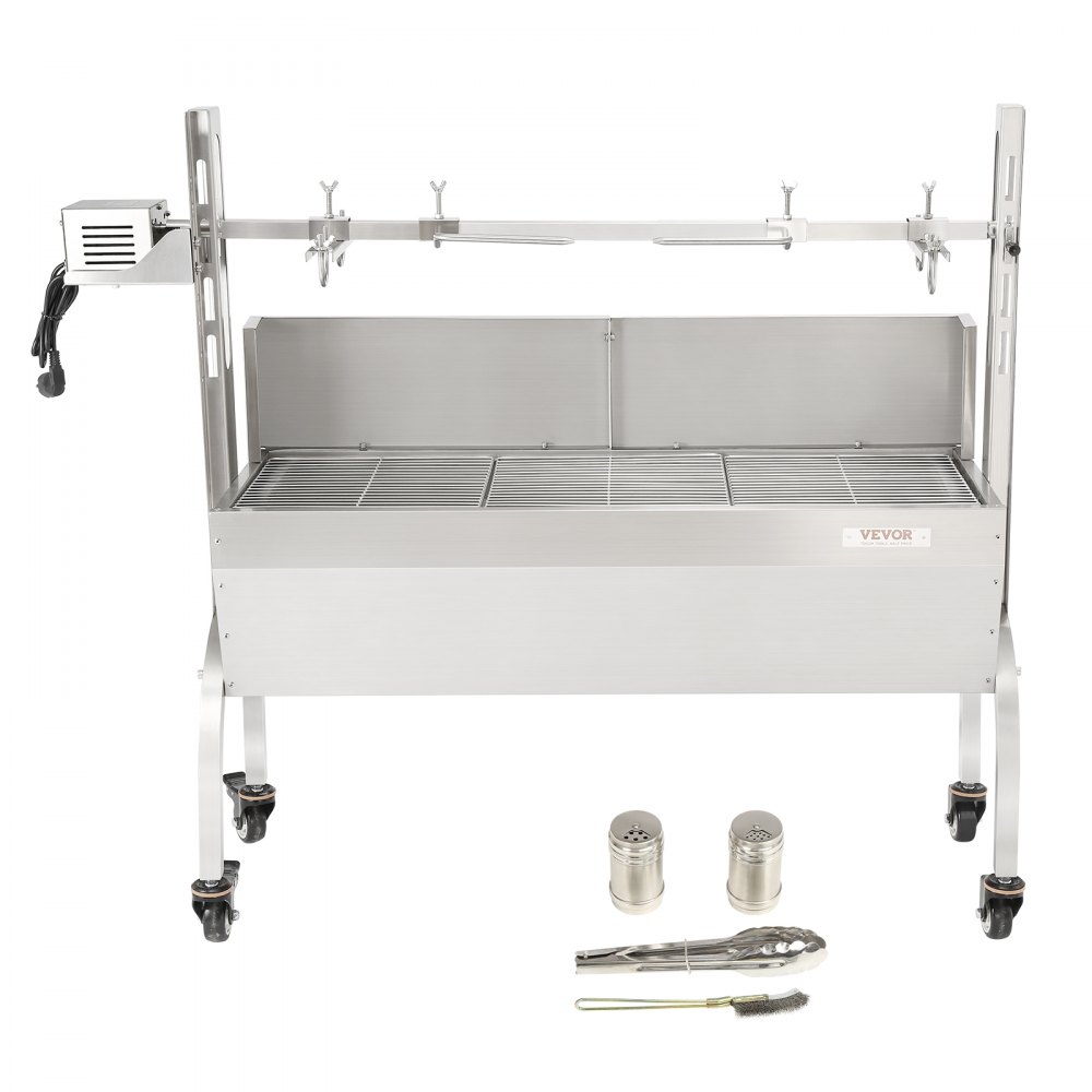 VEVOR Suckling Pig Grill Lamb Grill 117 cm, 60 kg Stainless Steel Rotisserie Spit 4-Level Height Adjustable, 50 W 2 in 1 BBQ Rotisserie Grill including Spice Jar & Cleaning Brush & Handle Electric Grill with Baffle Plate