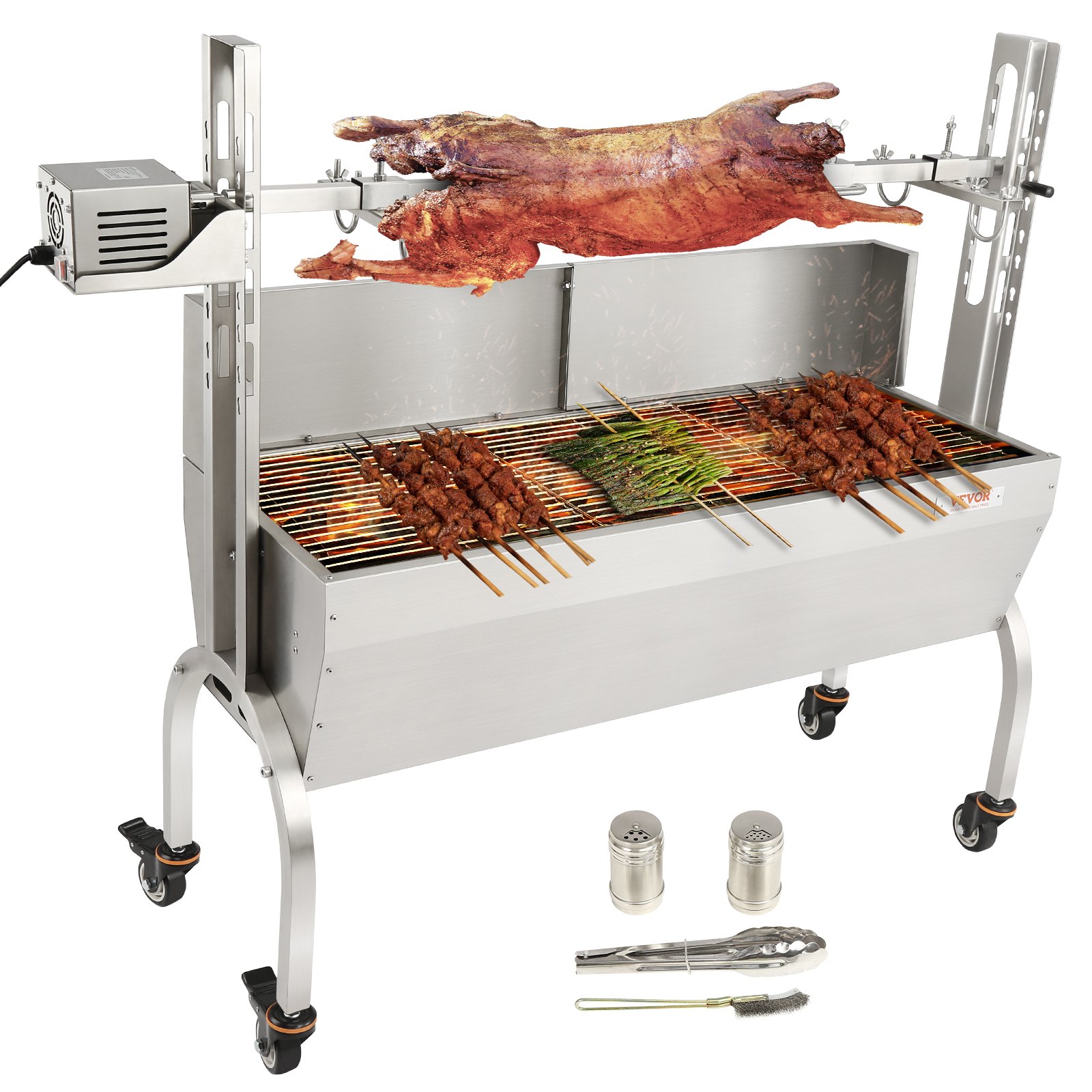 VEVOR Suckling Pig Grill Lamb Grill 117 cm, 60 kg Stainless Steel Rotisserie Spit 4-Level Height Adjustable, 50 W 2 in 1 BBQ Rotisserie Grill including Spice Jar & Cleaning Brush & Handle Electric Grill with Baffle Plate