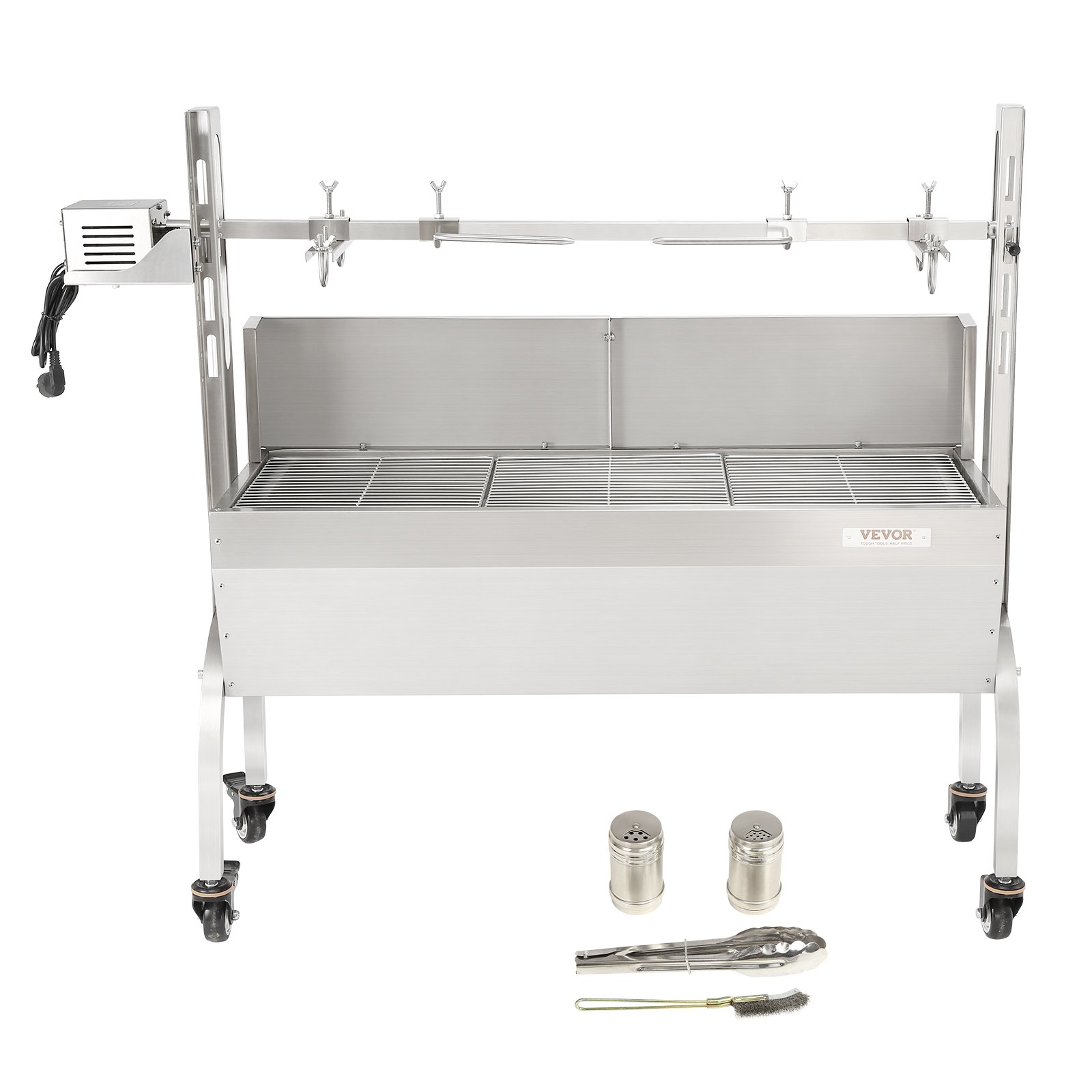 VEVOR Suckling Pig Grill Lamb Grill 117 cm, 60 kg Stainless Steel Rotisserie Spit 4-Level Height Adjustable, 50 W 2 in 1 BBQ Rotisserie Grill including Spice Jar & Cleaning Brush & Handle Electric Grill with Baffle Plate
