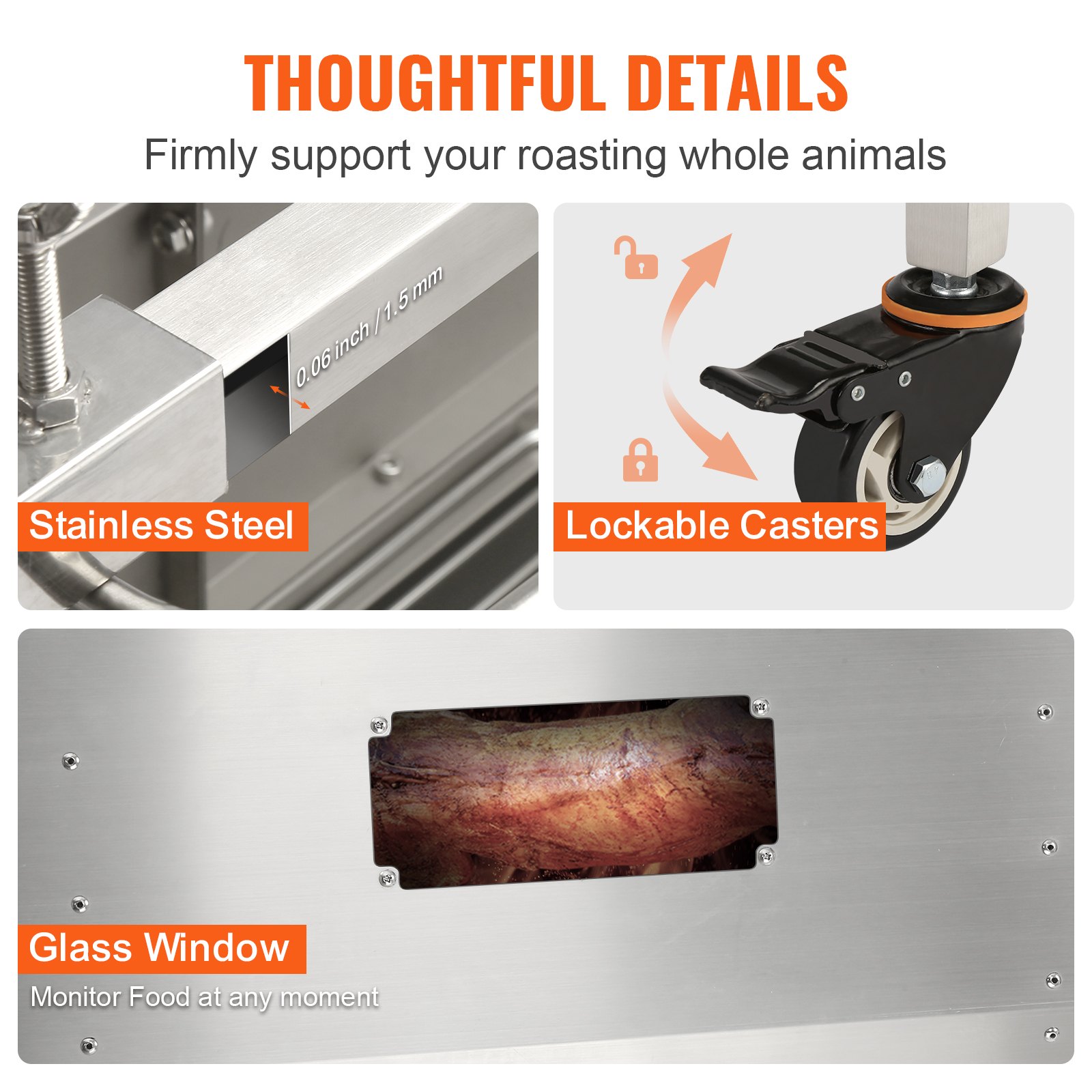 VEVOR suckling pig grill lamb grill 117 cm, 60 kg stainless steel rotisserie height adjustable in 4 levels, 50 W 2 in 1 BBQ rotisserie grill incl. spice jar & cleaning brush & handle electric grill with lid