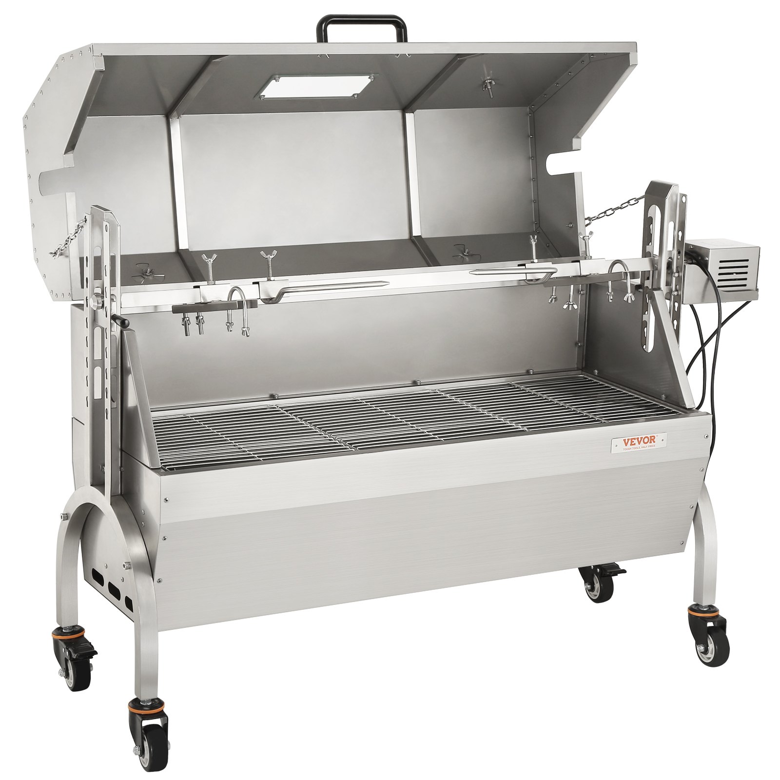 VEVOR suckling pig grill lamb grill 117 cm, 60 kg stainless steel rotisserie height adjustable in 4 levels, 50 W 2 in 1 BBQ rotisserie grill incl. spice jar & cleaning brush & handle electric grill with lid