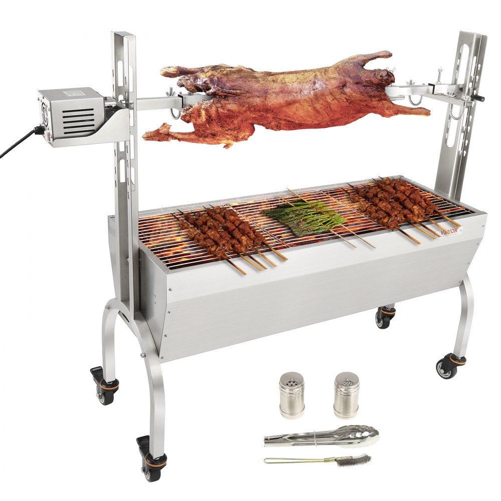 VEVOR suckling pig grill lamb grill 117 cm, 41 kg stainless steel rotisserie 4-stage height-adjustable, 50 W 2 in 1 BBQ rotisserie grill incl. spice jar & cleaning brush & handle electric grill movable