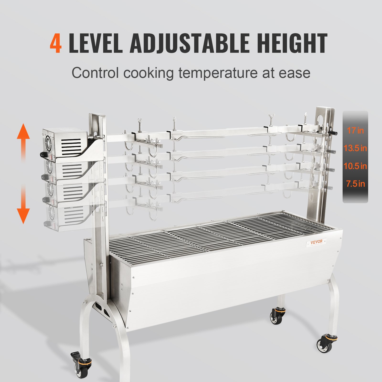 VEVOR Suckling Pig Grill Lamb Grill 117 cm, 41 kg Stainless Steel Rotisserie Spit 4-Level Height Adjustable, 50 W 2 in 1 BBQ Rotisserie Grill Including Spice Jar & Cleaning Brush & Handle Electric Grill Movable