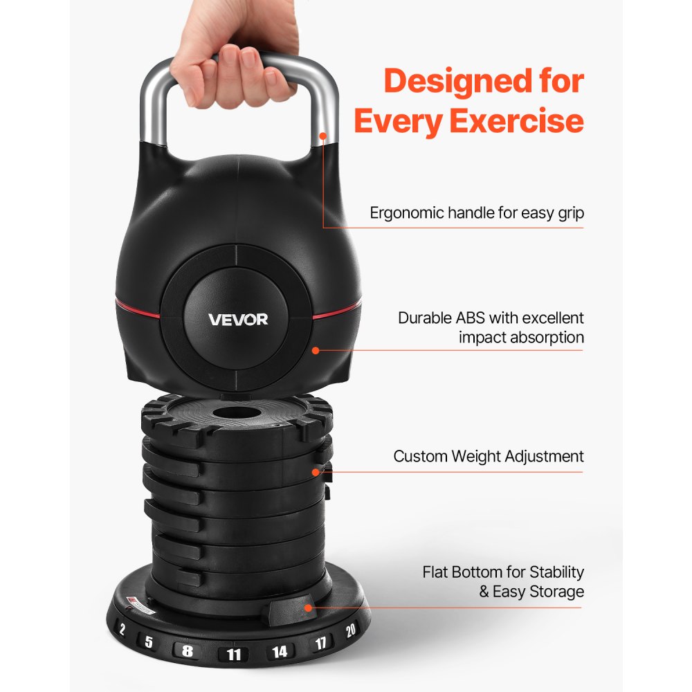 VEVOR Verstelbare Kettlebell met 7 gewichtsniveaus (2/5/8/11/14/17/20 kg), ABS + gegoten aluminium, voor gripkrachttraining, full body workout, crosstraining, zwart