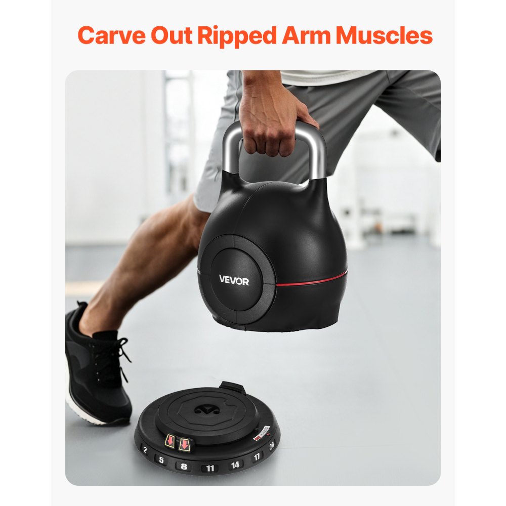 VEVOR Verstelbare Kettlebell met 7 gewichtsniveaus (2/5/8/11/14/17/20 kg), ABS + gegoten aluminium, voor gripkrachttraining, full body workout, crosstraining, zwart