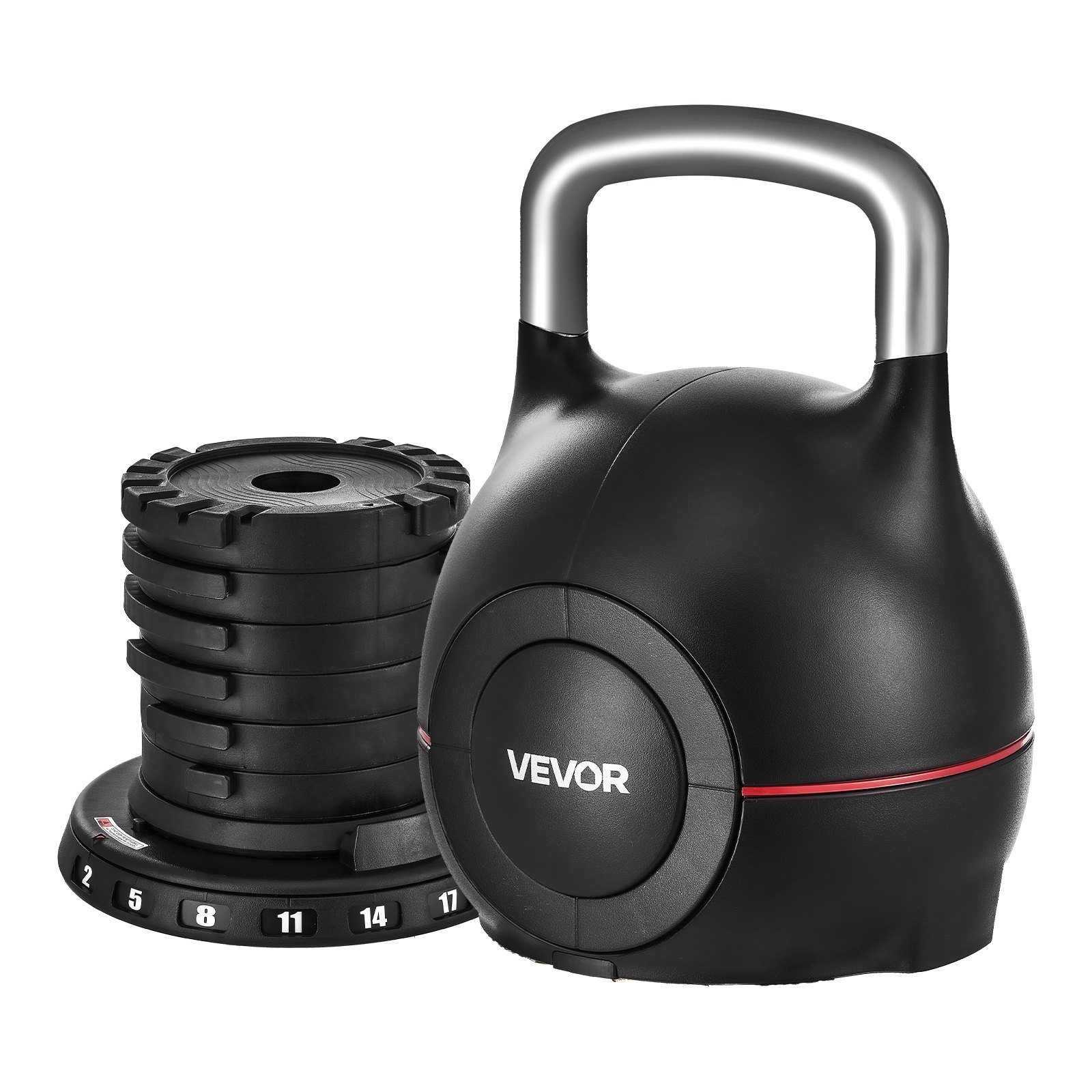 VEVOR Verstelbare Kettlebell met 7 gewichtsniveaus (2/5/8/11/14/17/20 kg), ABS + gegoten aluminium, voor gripkrachttraining, full body workout, crosstraining, zwart