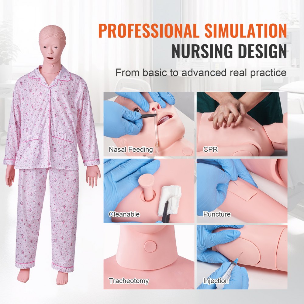 VEVOR Vrouwelijke Verpleegpop Multifunctionele Patiëntenzorgsimulator 1530 x 450 x 210 mm, Multifunctionele Trainingspop Verpleegkundige Trainingspop Uniforme Schaalvormen Pop
