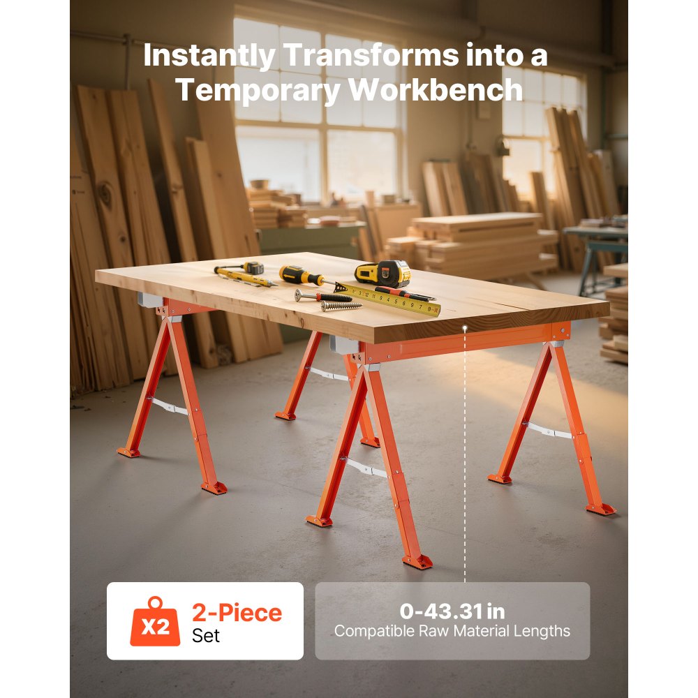 VEVOR Trestles, 2-pack werkbanken, 600 kg draagvermogen, zaagbok met opvouwbare poten, draagbare opvouwbare bok met antislip voetkussens, voor houtbewerking, timmerlieden en aannemers