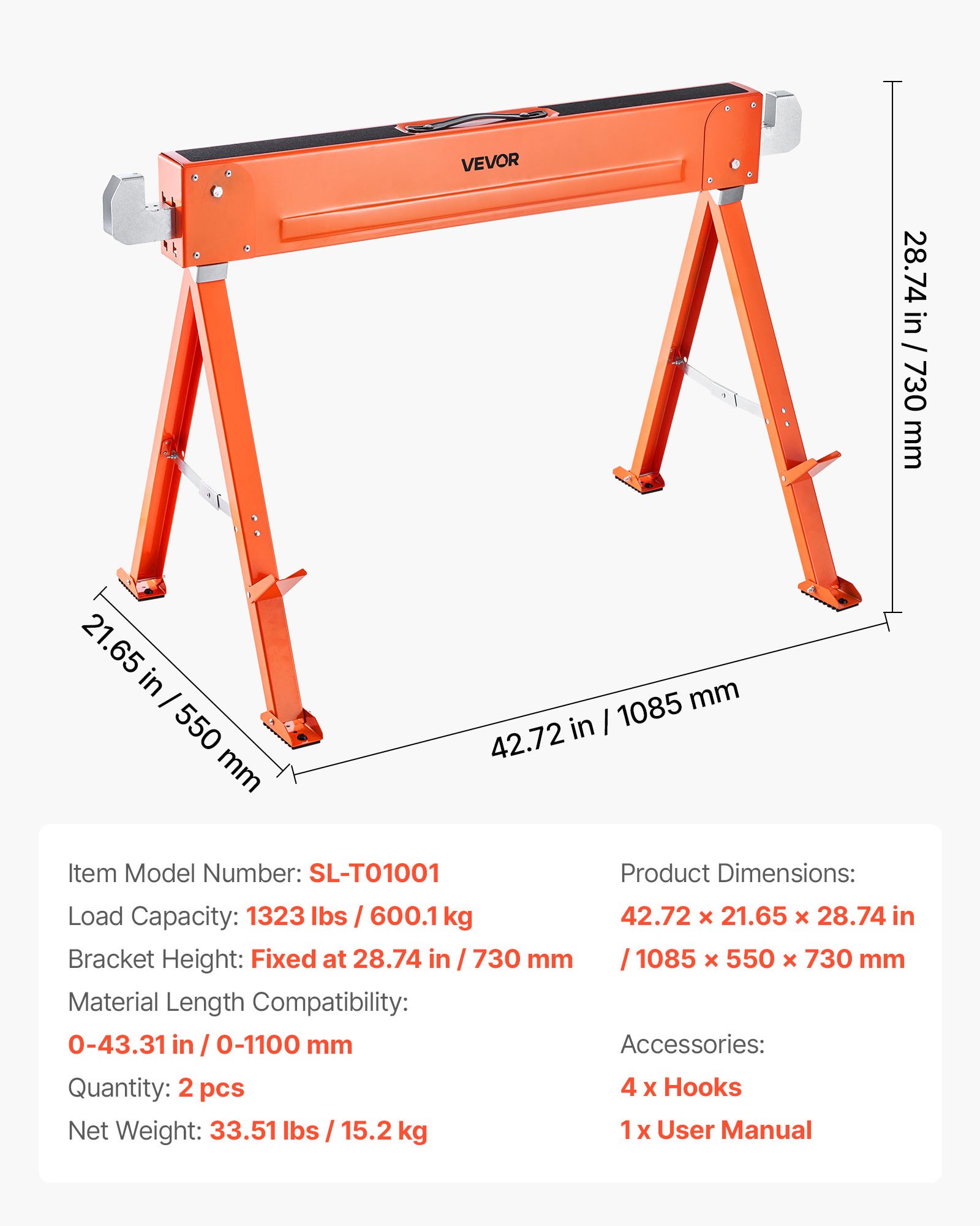 VEVOR Trestles, 2-pack werkbanken, 600 kg draagvermogen, zaagbok met opvouwbare poten, draagbare opvouwbare bok met antislip voetkussens, voor houtbewerking, timmerlieden en aannemers