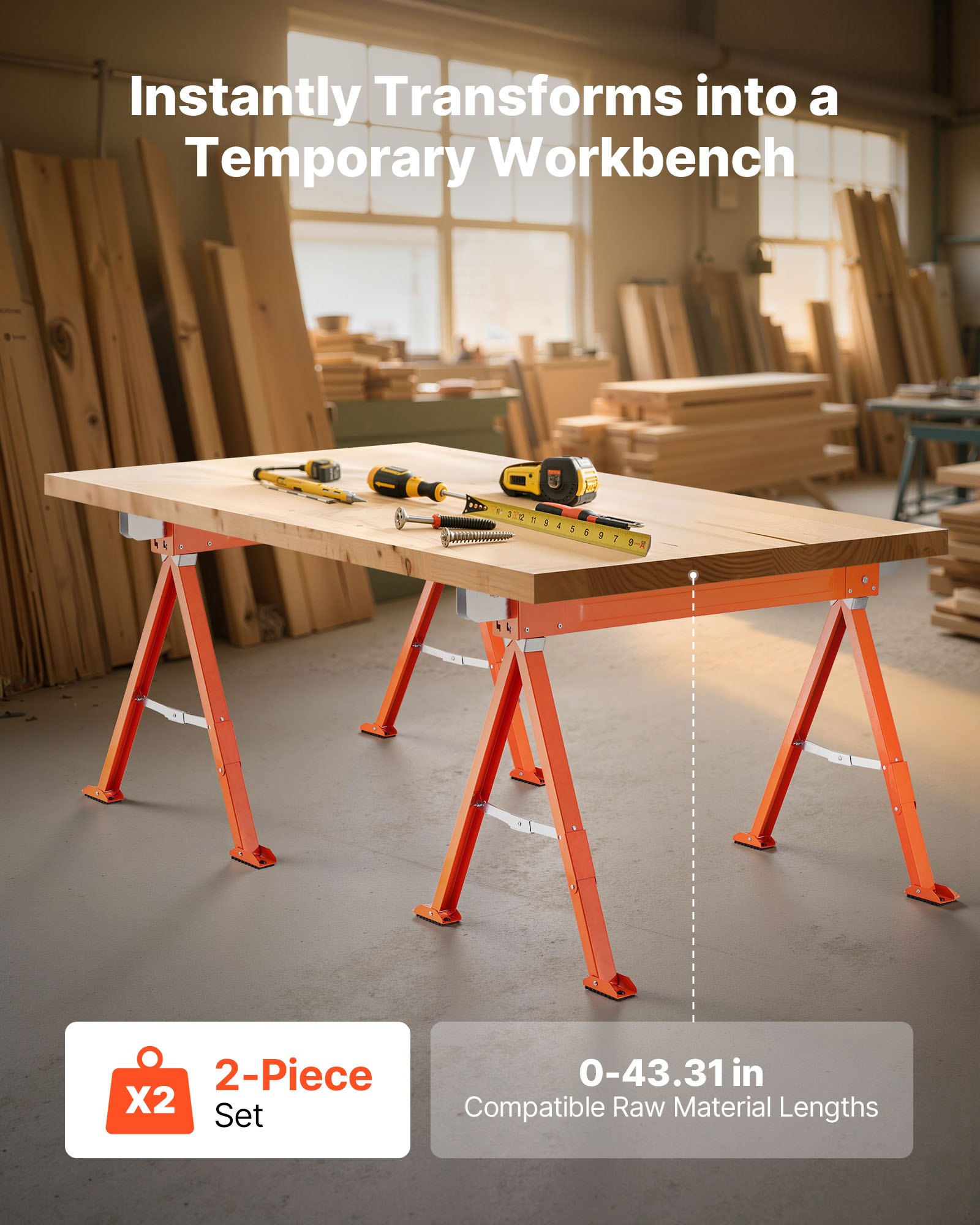 VEVOR Saw Horses, 2 Pack Folding Work Horses, 1323 lbs Load Capacity Sawhorse with Heavy Duty Legs, All-Metal Portable Saw Horse with Non-Slip Foot Pads, for Woodworking, Carpenters & Contractors