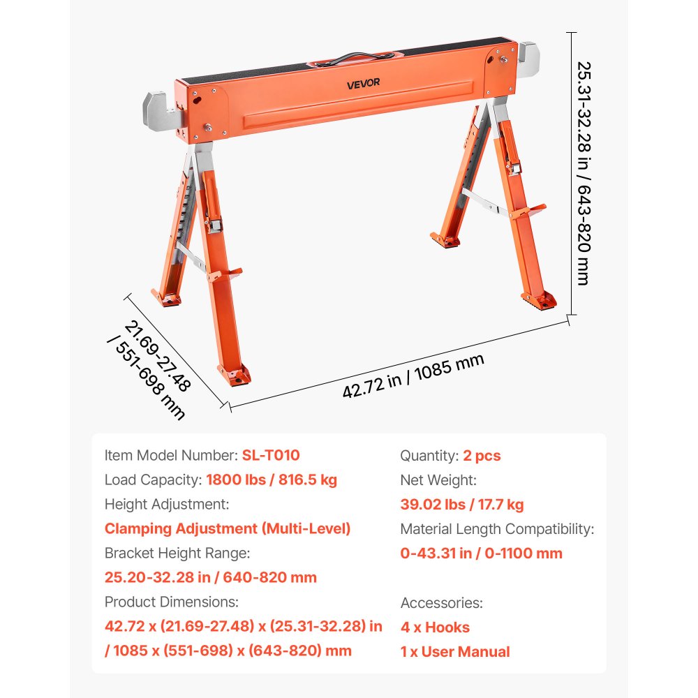 VEVOR Werkbank, 2-Pack Werkbank, 816,5 kg, Opvouwbare Bokken met Opvouwbare Poten, Hoogte Verstelbaar, Zaagbok met Antislip Voetkussentjes, voor Houtbewerking, Timmerlieden en Aannemers