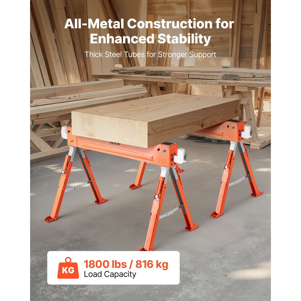 VEVOR Saw Horses, 2 Pack Folding Work Horses, 1800 lbs Load Capacity Sawhorse with Heavy Duty Legs, Adjustable Height Saw Horse with Non-Slip Foot Pads, for Woodworking, Carpenters & Contractors