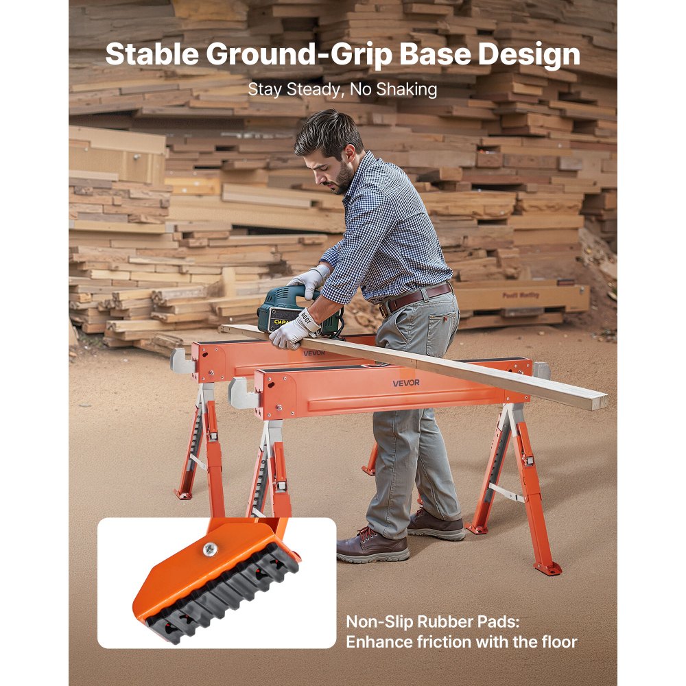VEVOR Saw Horses, 2 Pack Folding Work Horses, 1800 lbs Load Capacity Sawhorse with Heavy Duty Legs, Adjustable Height Saw Horse with Non-Slip Foot Pads, for Woodworking, Carpenters & Contractors