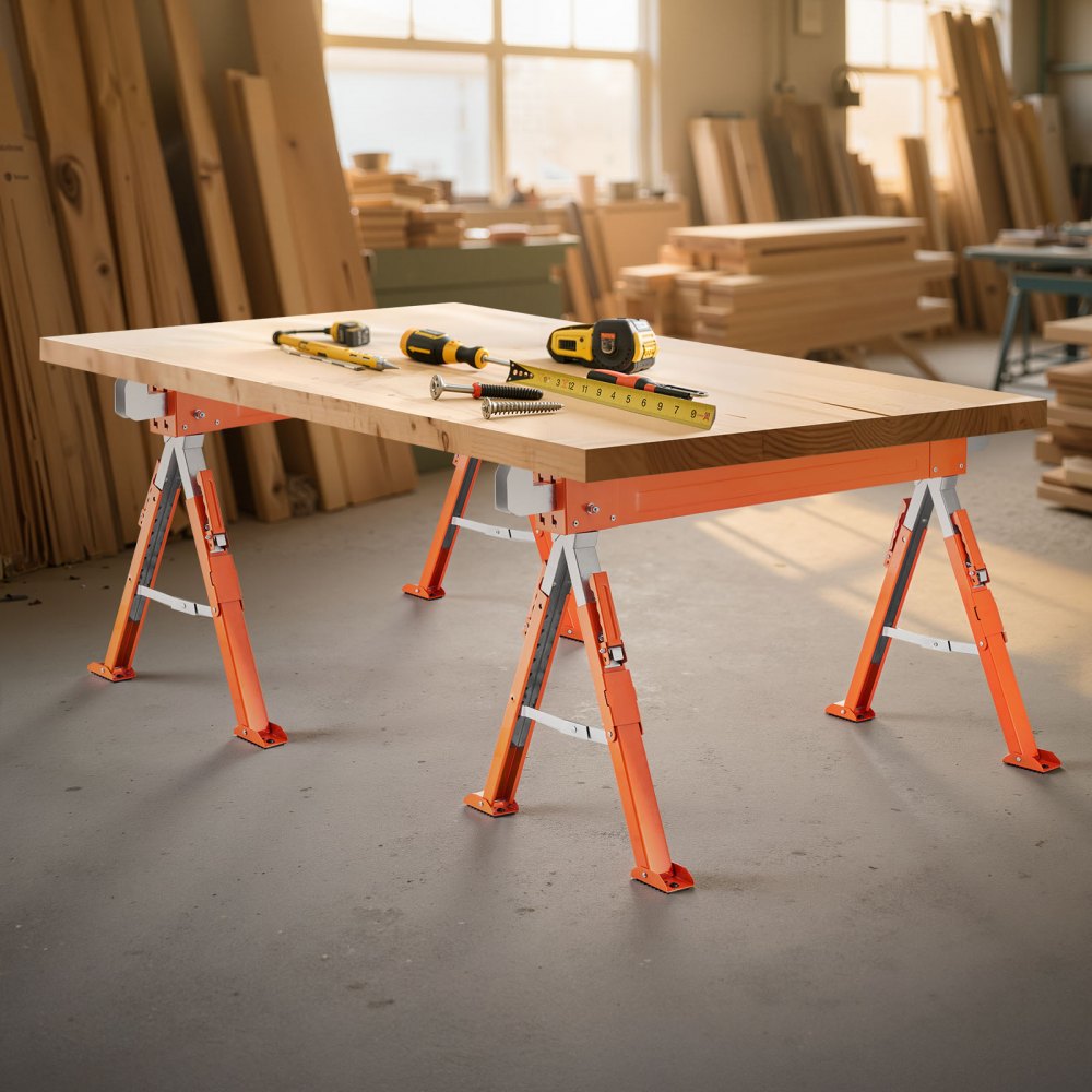 VEVOR Saw Horses, 2 Pack Folding Work Horses, 1800 lbs Load Capacity Sawhorse with Heavy Duty Legs, Adjustable Height Saw Horse with Non-Slip Foot Pads, for Woodworking, Carpenters & Contractors